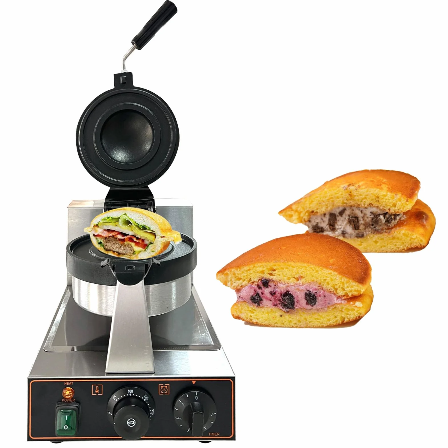 Gofrera para Hamburguesas Máquina para paninis Prensa de Hamburguesas Comercial Disquera Pan Cubano Industrial 50℃~300℃ para restaurantes/cafeterías/Camiones de Comida singleheadrotating