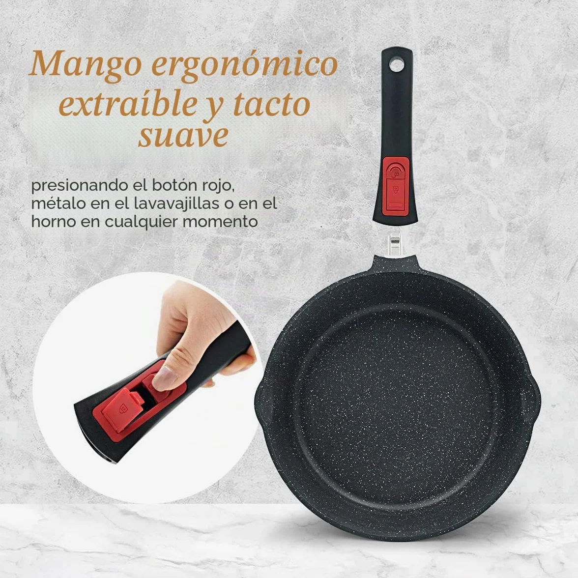 Sartén 28 cm de Antiadherente, aluminio fundido con antiadherente con asa extraíble, sartén adecuada Con tapa, Apta para Todo Tipo de Cocina. | Sartén de 7,5 cm de altura interior con mango extraíble, apta para todo tipo de fuegos