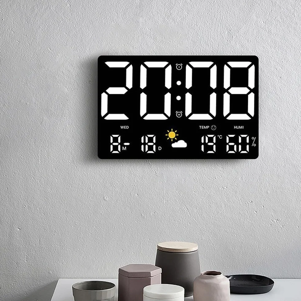 Reloj de pared digital LED grande con estación meteorológica, monitor de temperatura y humedad, visualización de calendario, ajuste automático de brillo, escritorio o soporte de pared para