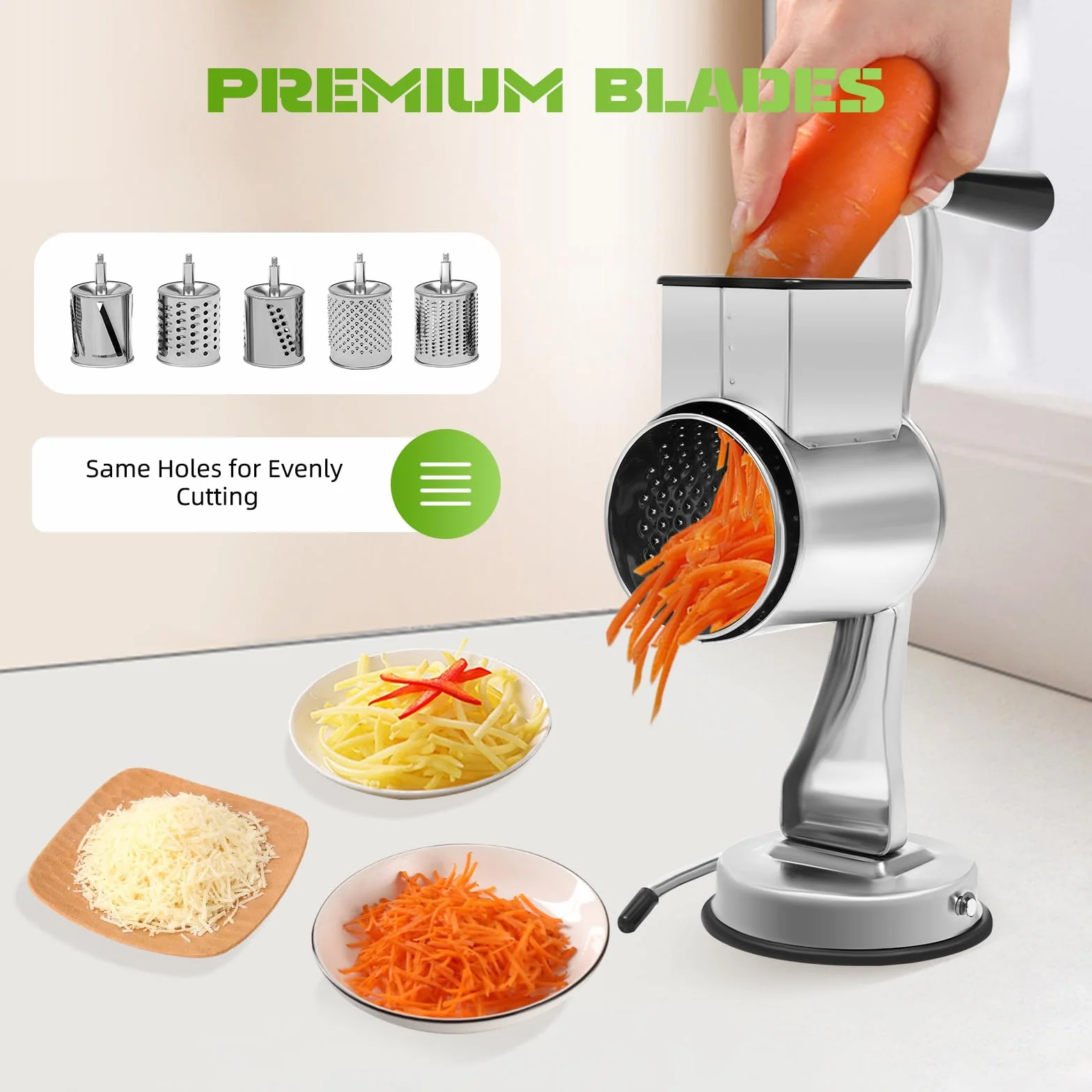 Rallador de verduras de acero inoxidable con 5 cuchillas, rallador de queso manual con ventosa, rallador de cocina multifuncional para verduras, queso y ensalada