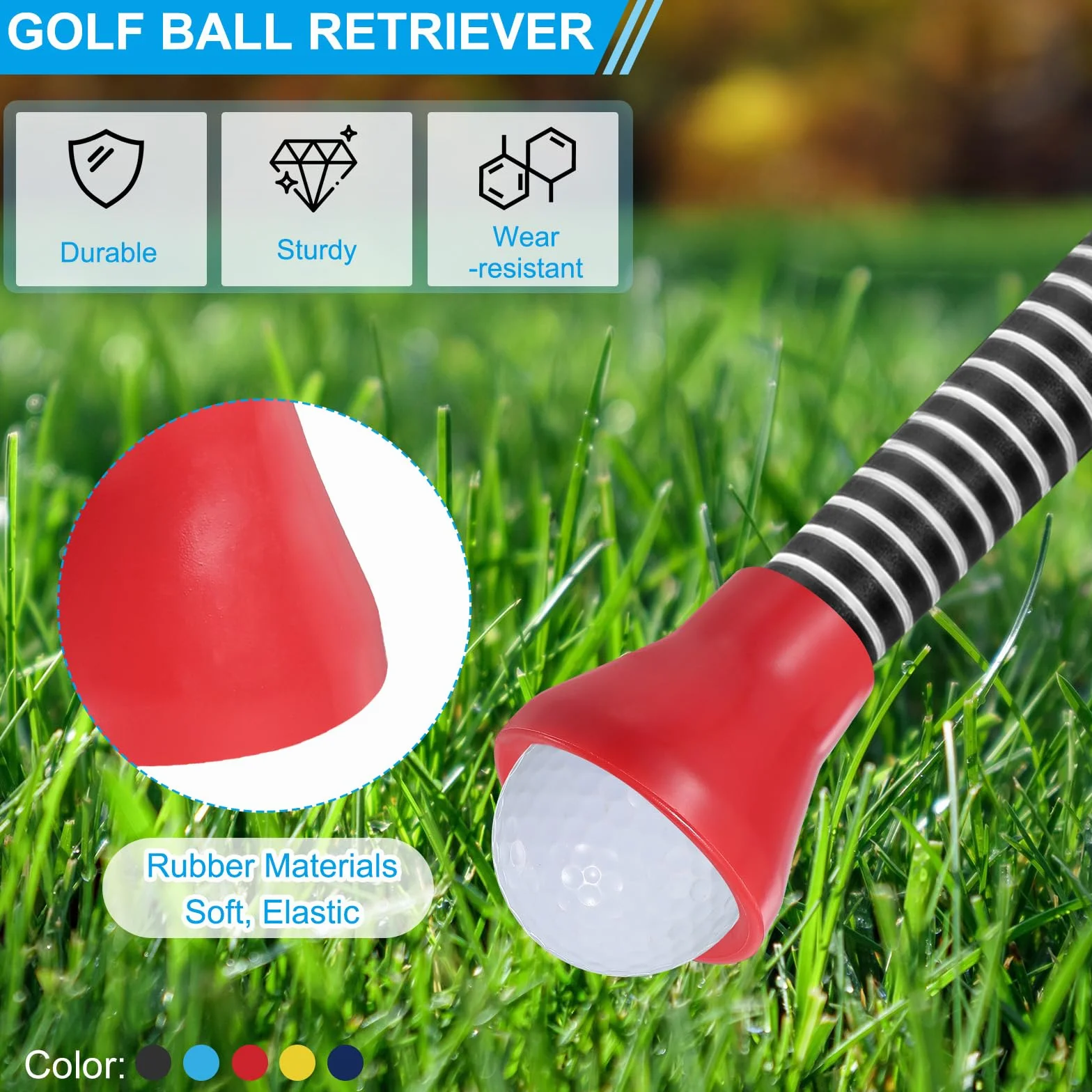 PATIKIL Recogedor de Bolas de Golf, 5 Piezas de Ventosa de Goma para Recoger Bolas de Golf con Agarre de Palo para Golfistas, Negro/Azul/Rojo/Azul Oscuro/Amarillo