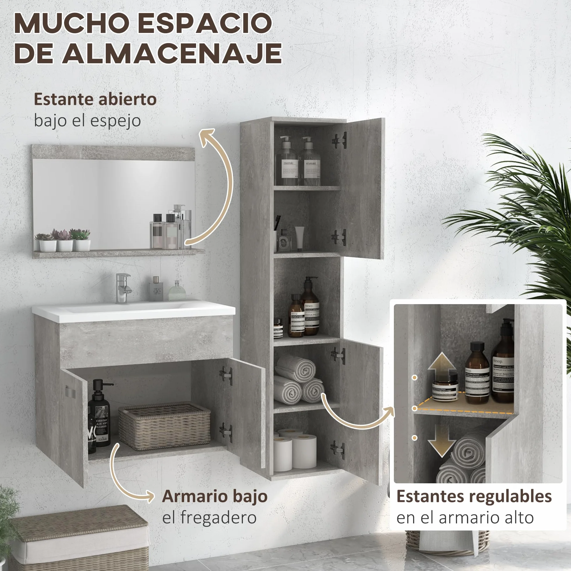 kleankin Conjunto de Muebles de Baño de Pared de 3 Piezas, Incluye Espejo, Mueble de Baño con Lavabo Cerámico, Armario Alto con Estantes Ajustables, Estilo Moderno, Gris