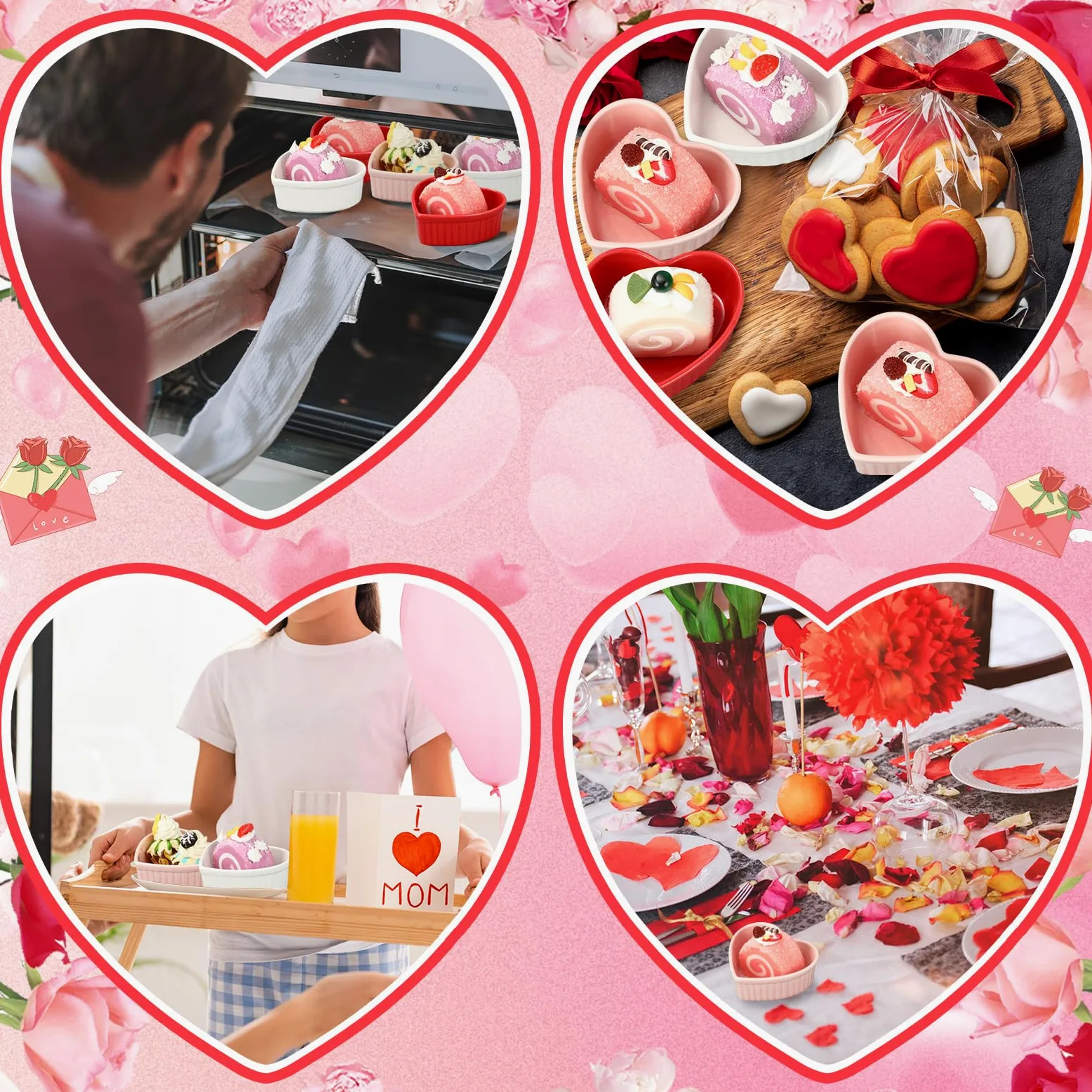 Ramequines de cerámica con forma de corazón para el día de San Valentín, 6 onzas, aptos para horno, platos de crema brulee, cuencos pequeños para hornear, para cocina, fiesta, aperitivos, servir,