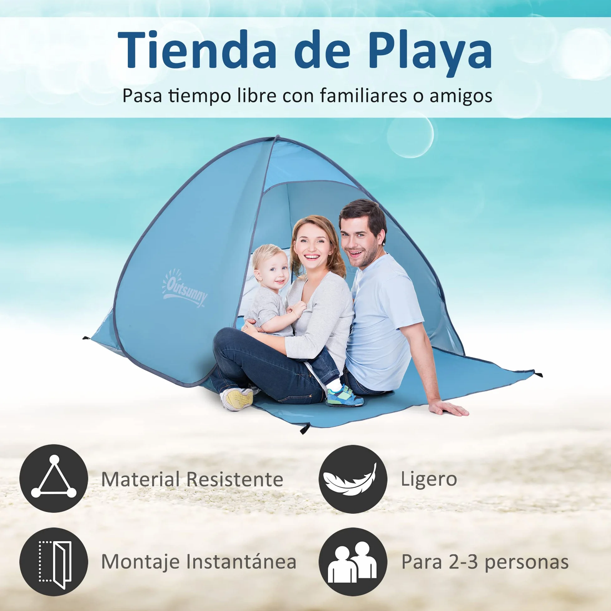 Outsunny Tienda de Playa Pop-Up para 2-3 Personas con Ventanas y Protección Solar UV Azul