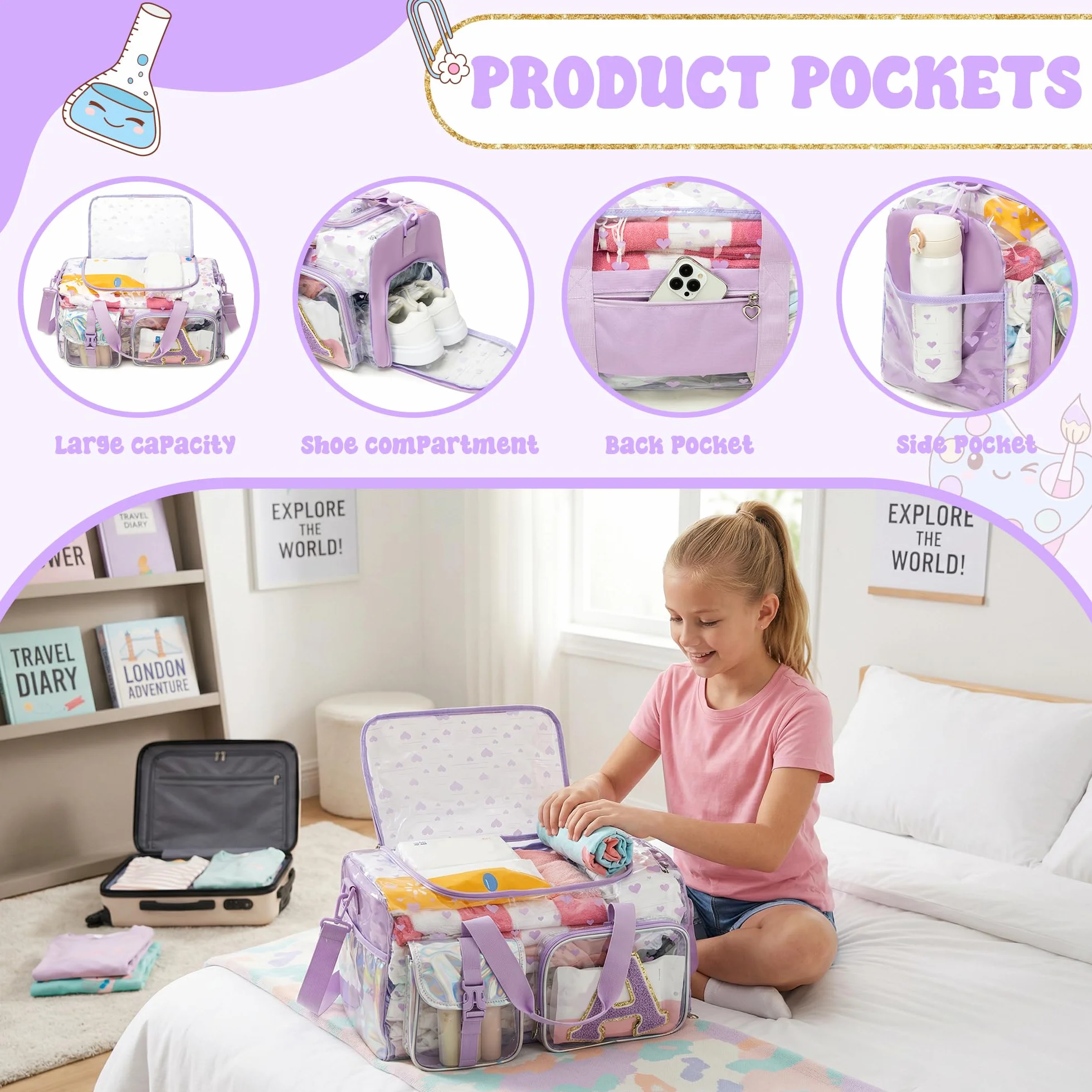 Bolsa de Deporte Niña Transparente Inicial A – Bolsa de Piscina Playa Gym Maleta Infantil