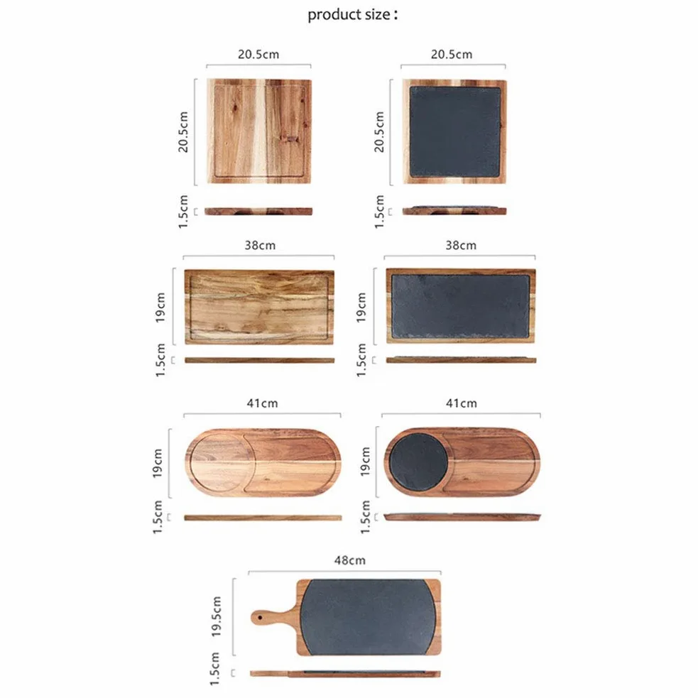 Platos para servir en madera y pizarra, bandeja para servir, plato de madera natural elegante y saludable, para pizza, sushi, filete ovalado con pizarra