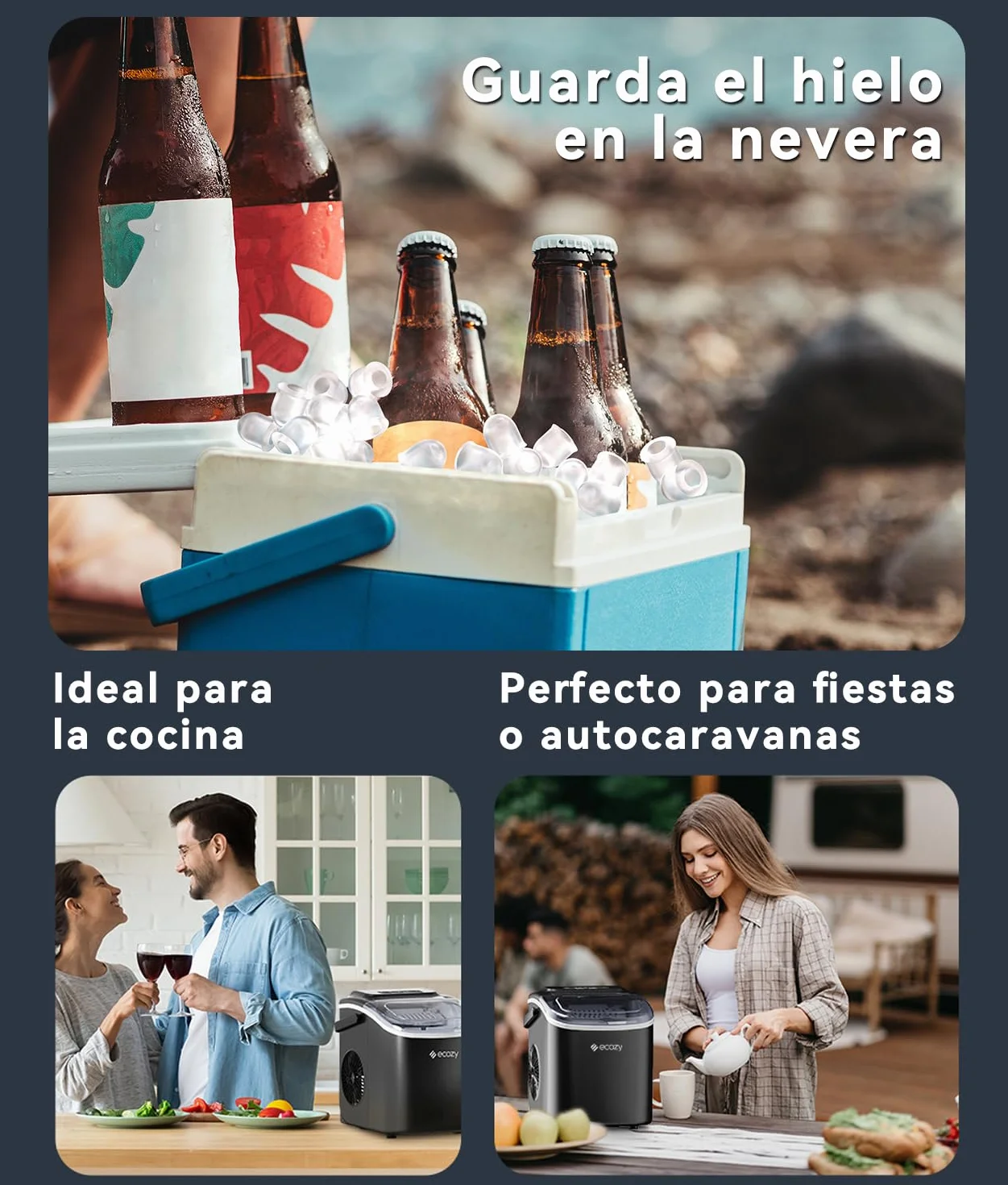 ecozy Máquina de Hielo, 12 Kg/24 Koras, 9 Cubitos de Hielo en 6 Minutos, 2 Tamaños de Hielo, Máquina de Hielo Autolimpiante, Maquina de Hielo Portátil Para Casa el Hogar/Fiesta/Cocina/Bar