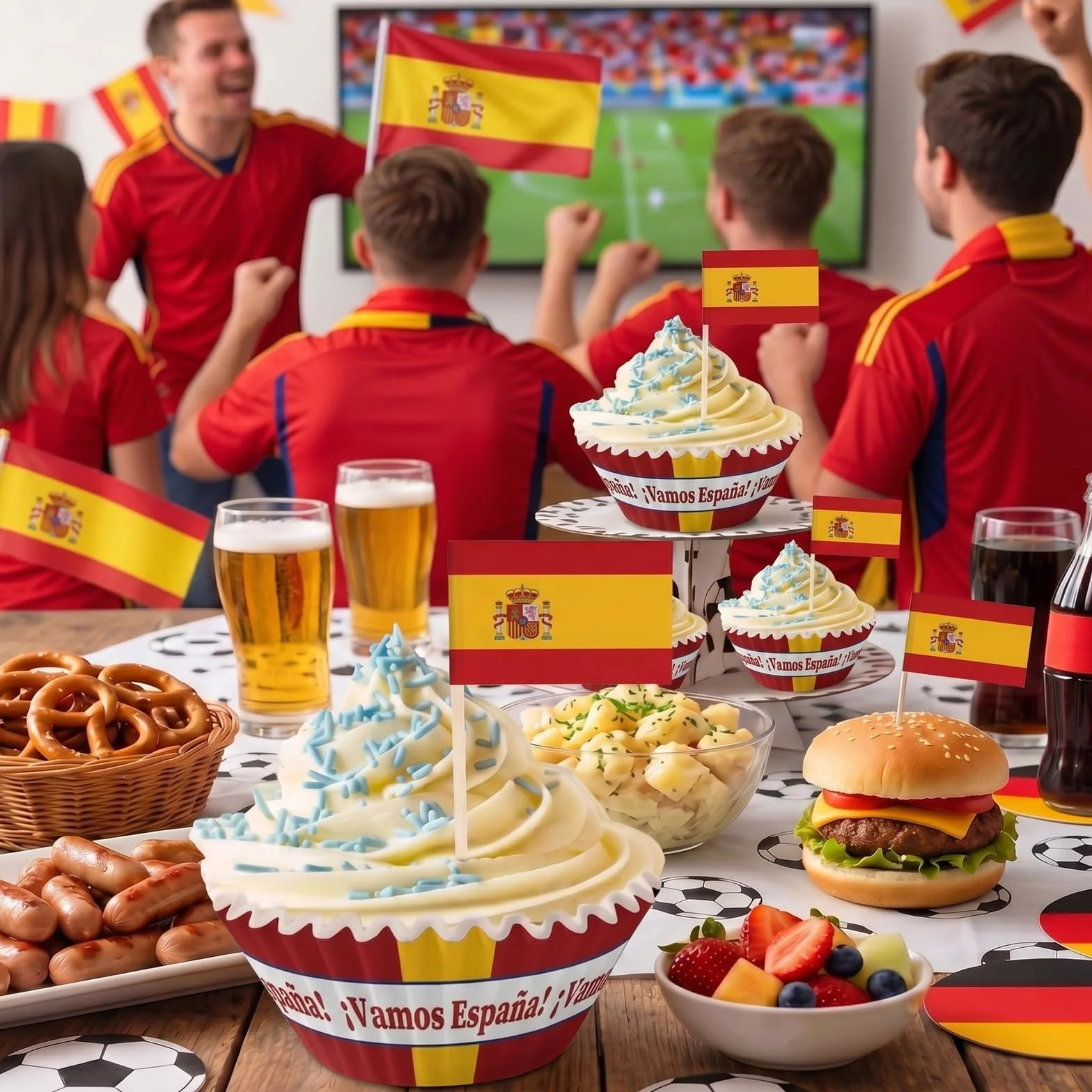 YESAH Decoraciones Fútbol para el Mundial 2026,100P Mundial España Banderas de Palillo,100 Moldes Cupcake Bandera Española para Toppers Pastel,Cápsulas Magdalenas,Fiesta Fan, ¡Vamos España!