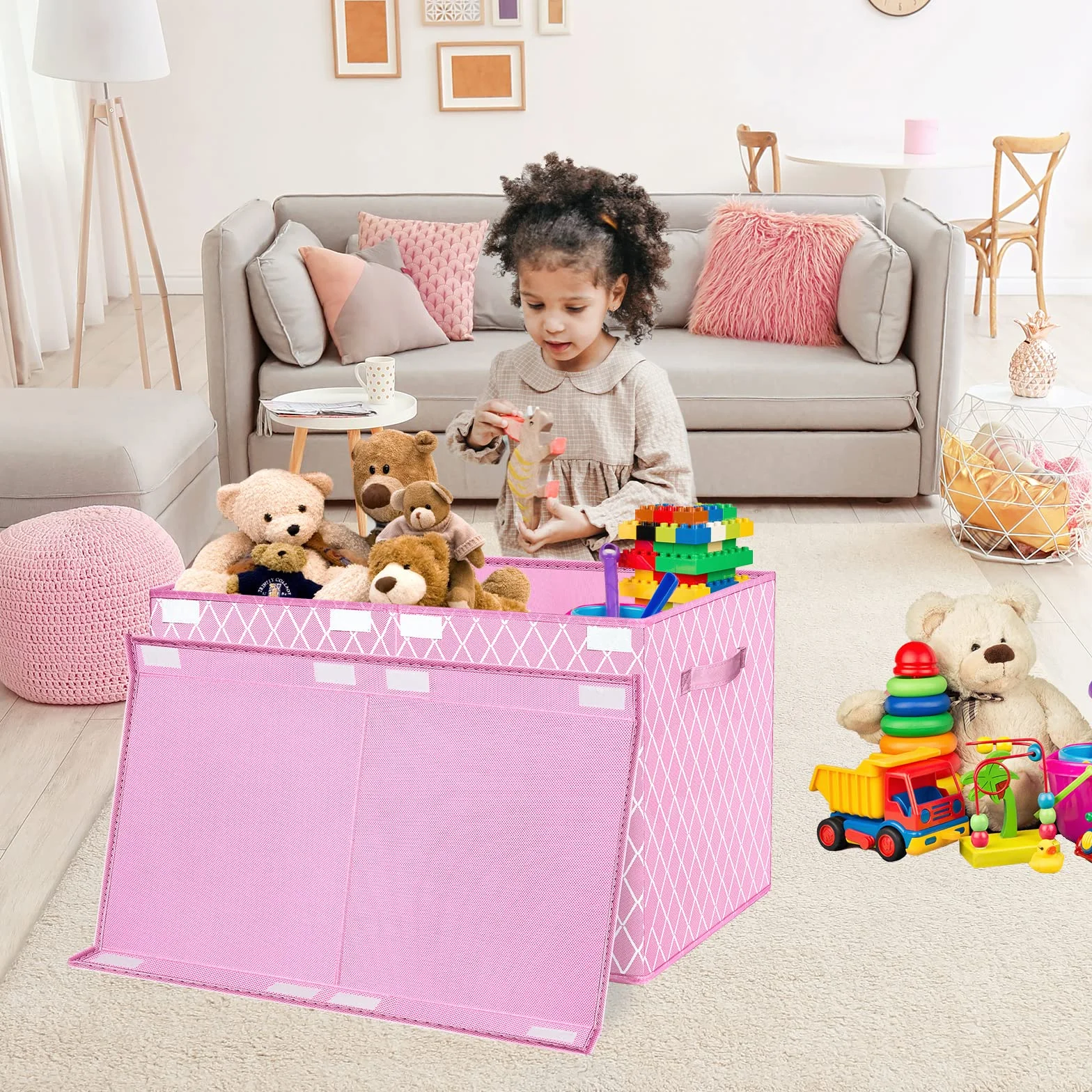 Cajas de Almacenaje con Tapa 83L Organizadoras de Tela Plegable para Juguetes Ropa Libros Rosa