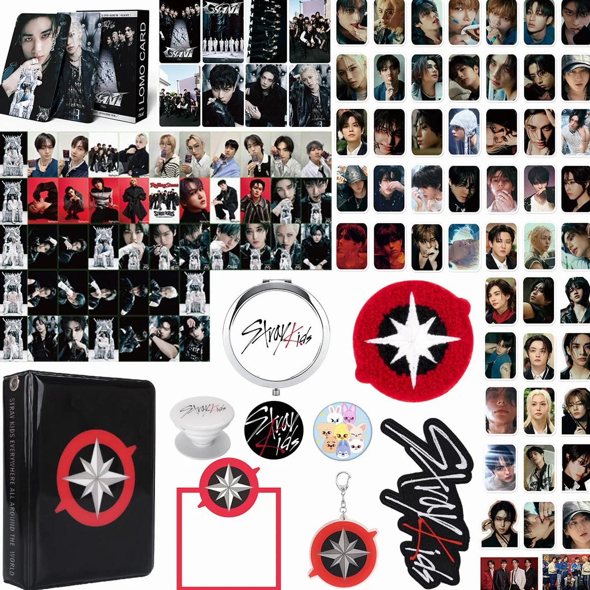 Stray Regalo Set, SKZ Mercancía Para Stay Incluye 1 Photocard Holder, 1 Parches, 1 Espejo Posits Para Libros/50 Hojas, 1 Llavero, 1 Soporte Movil, 2 Pins, 2 Parches, 55 Photocards, 95 Pegatinas