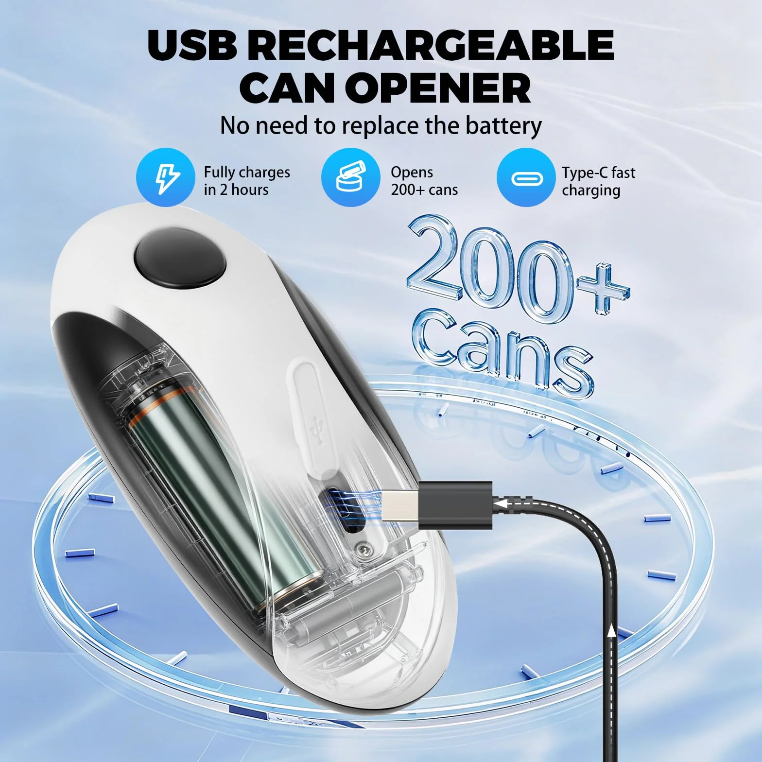 Abrelatas eléctrico Abrelatas recargable por USB, funciona con batería, funcionamiento automático con un solo botón, soporte magnético para la tapa y corte suave, apto para alimentos