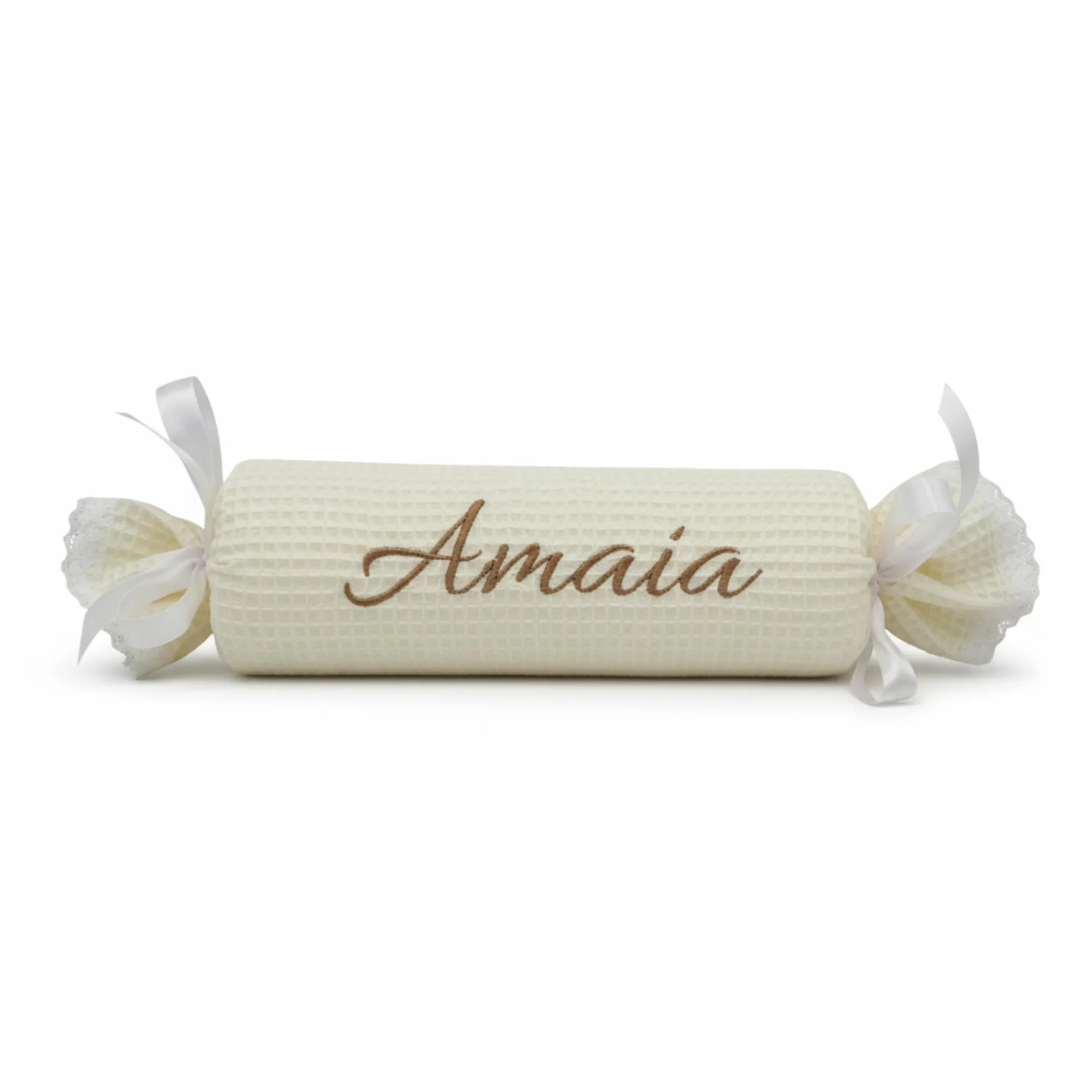 Cojín Caramelo para Bebé Personalizado, Tejido Piqué Waffle Suave, Decorativo Infantil, Regalo Recién Nacido (Beige)
