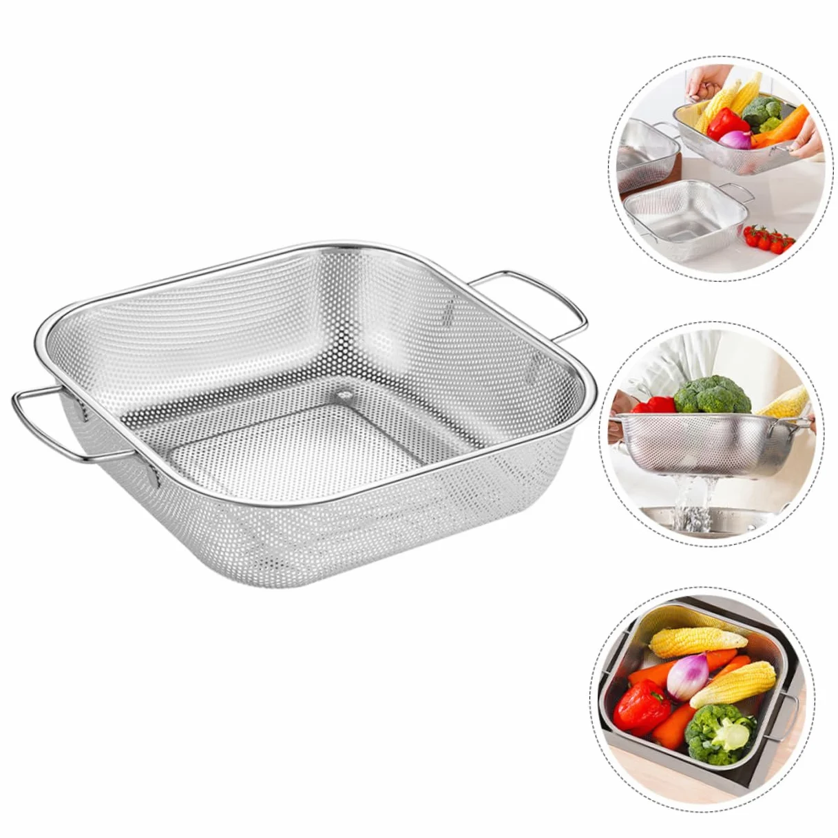 OUNONA Colador de Arroz de Acero Inoxidable Cesta de Drenaje Cocina con Asas Dobles para Frutas Verduras y Arroz