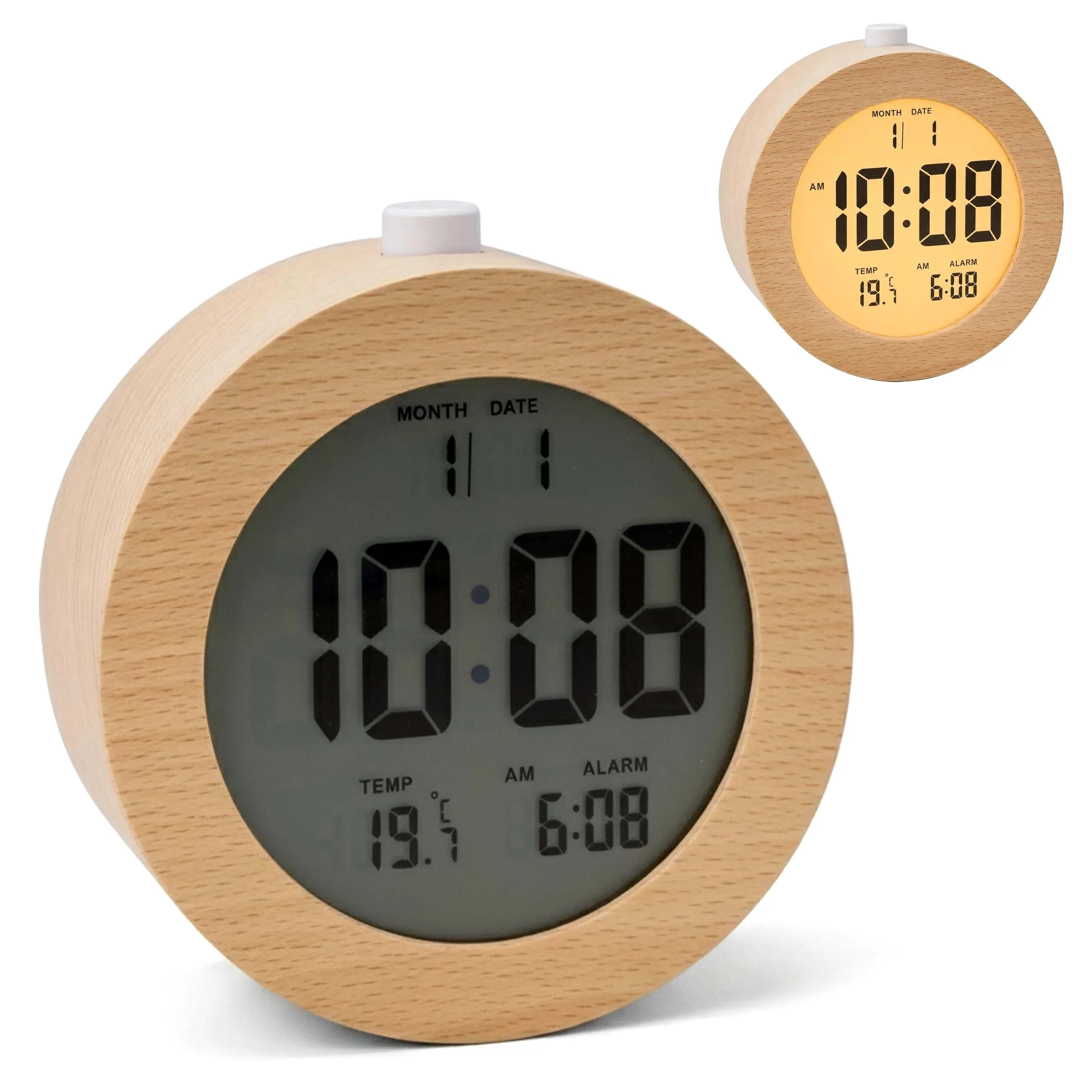 Relaxdays Despertador Digital de Madera con indicador de Fecha y Temperatura, función de repetición, luz, Reloj Despertador Digital Redondo, Color Natural