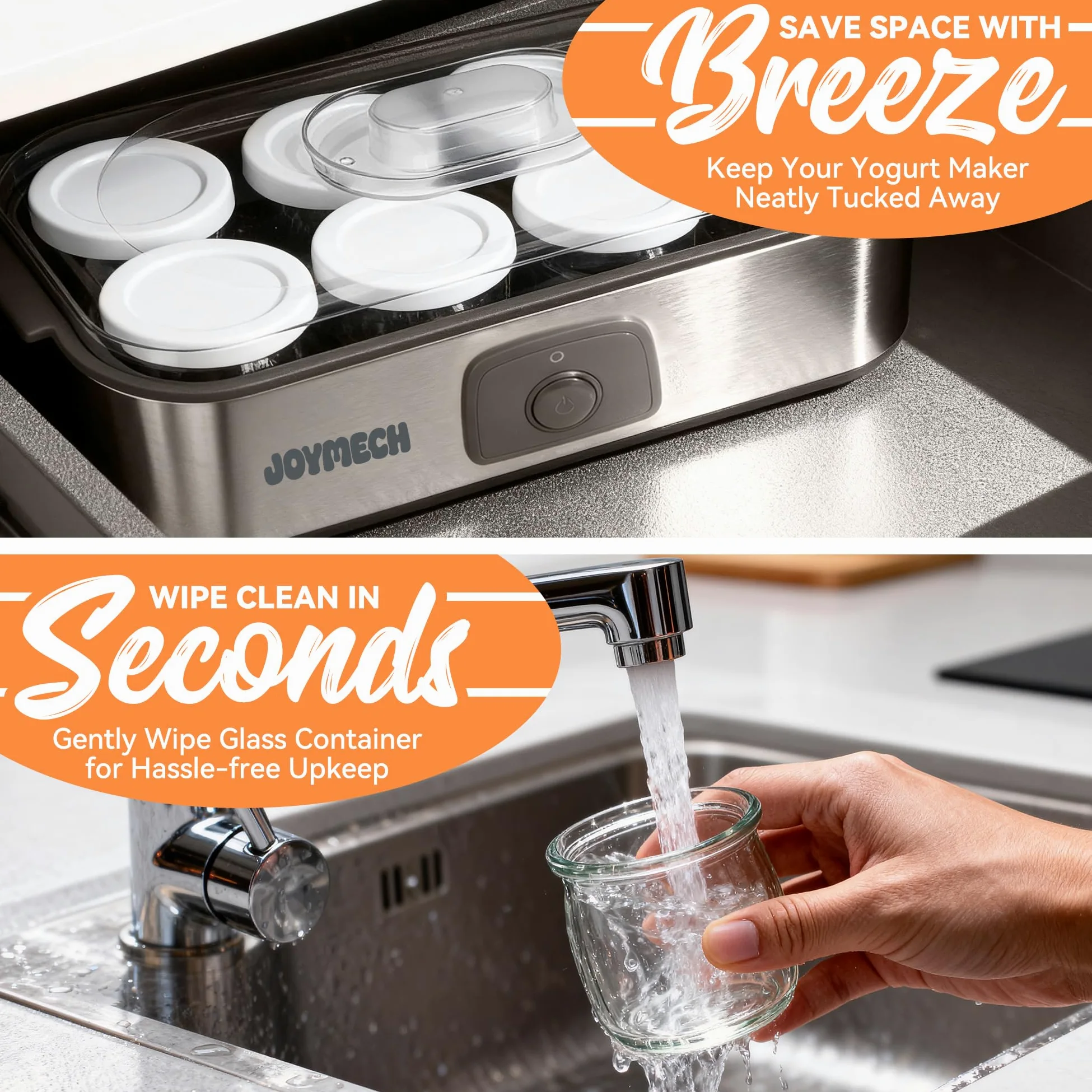 JoyMech Máquina para hacer yogurt, 8 tarros de vidrio con tapas reutilizables para yogur, avena, pudín o gelatina, marcial de grado alimenticio, control de un solo toque, yogur casero