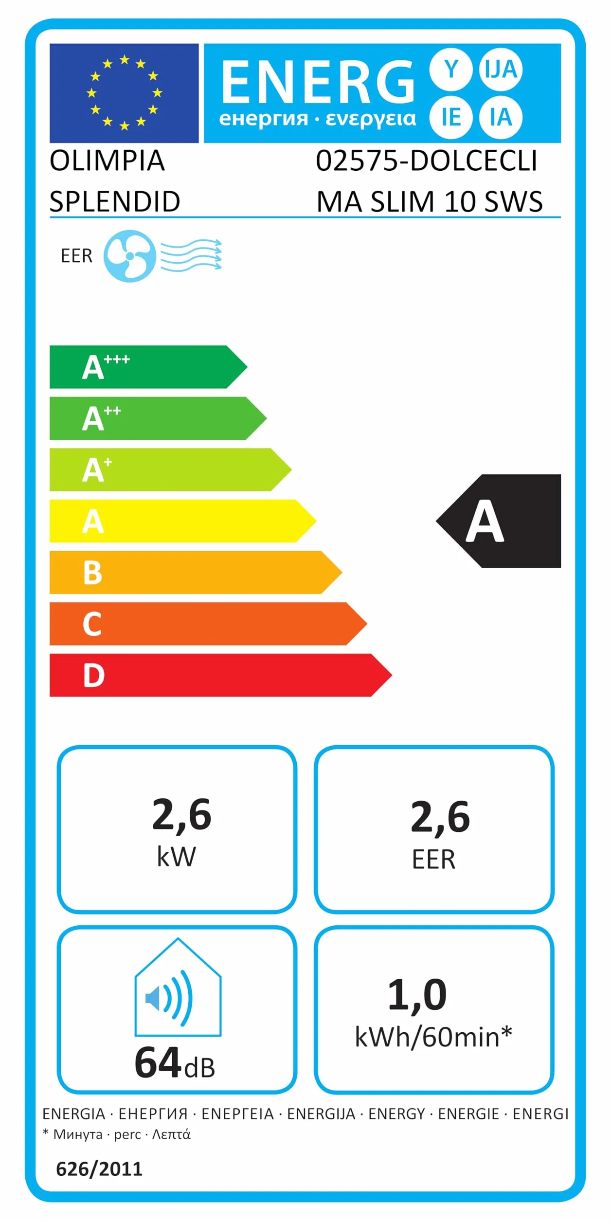 Olimpia Splendid, Dolceclima Slim 10 SWS Wifi, Climatizador Portátil 10.000 BTU/h, Slim Design, Clase A, Potencia 2,6 kW, Funciones Enfriamiento, Deshumidificación, Ventilación, Wifi Integrado