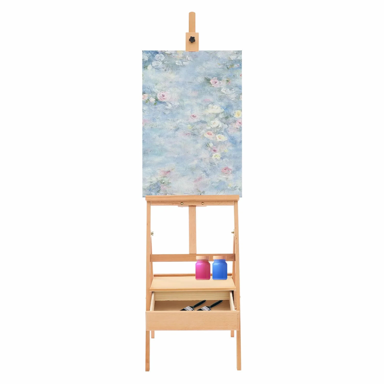 Caballete de madera de haya con cajón, caballete de pintura para lienzo, hasta 90 cm, altura ajustable, 182 cm de altura, madera maciza, color madera