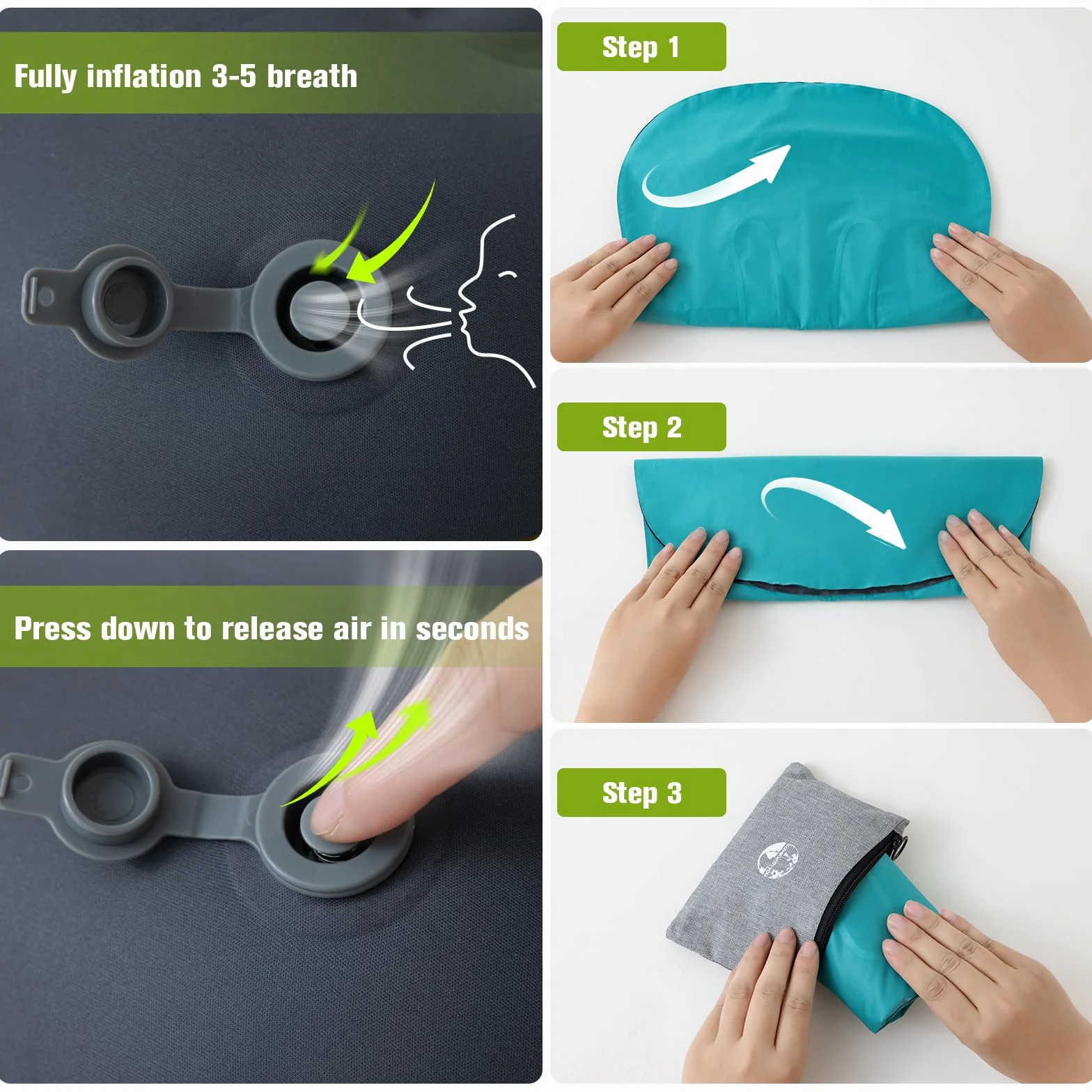Almohada de Camping Ligera Compacta Hinchable Playa Viaje Soporte Ergonómico Acampada Senderismo (Turquesa)