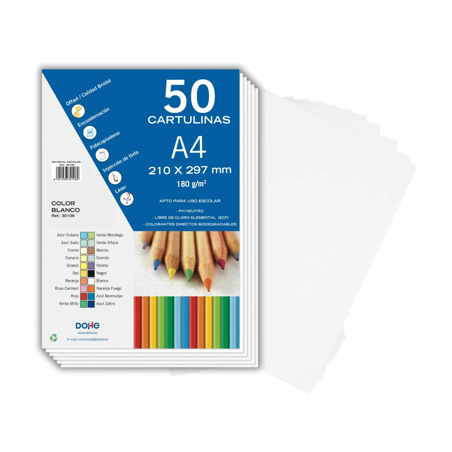 Dohe - Cartulinas A4 Blancas para Manualidades e Impresión (50 uds.) - 21x29,7 cm - 180 g/m² - Material de oficina
