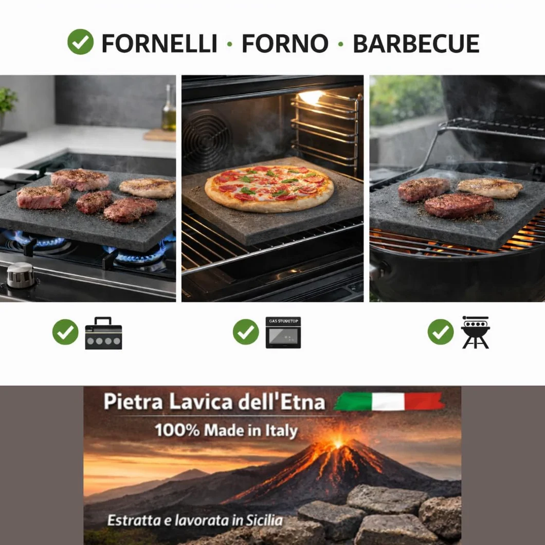 Kit de piedra antiadherente volcánica ollar Etna para pizza 39 x 35 x 2 + pala para horno eléctrico a gas y barbacoa para carne, pescado y verduras refractaria