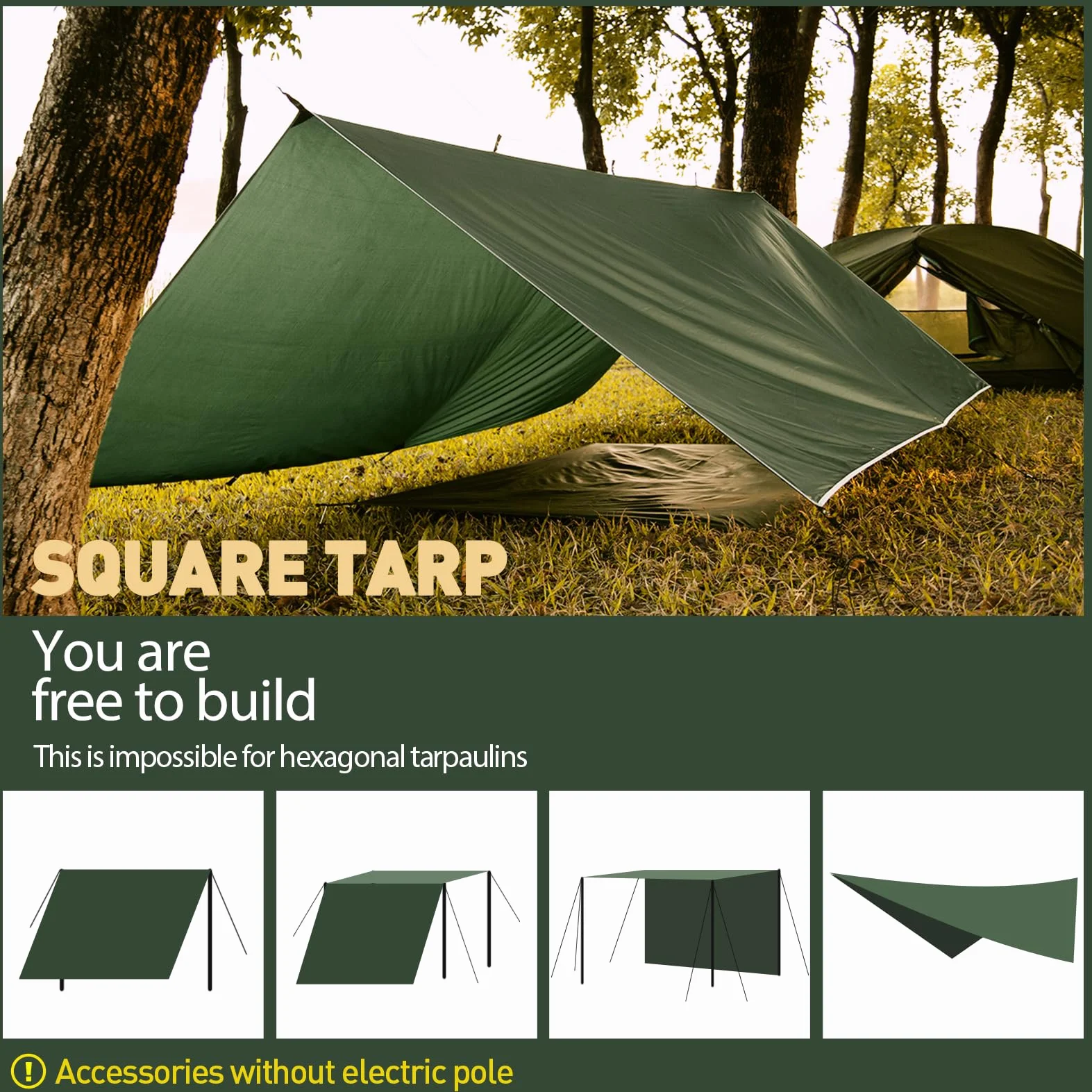 Toldo Camping 3x3m Impermeable Ultraligero Portátil Protección UV Anti Desgarro Tarp Picnic Pesca Senderismo Verde Oscuro