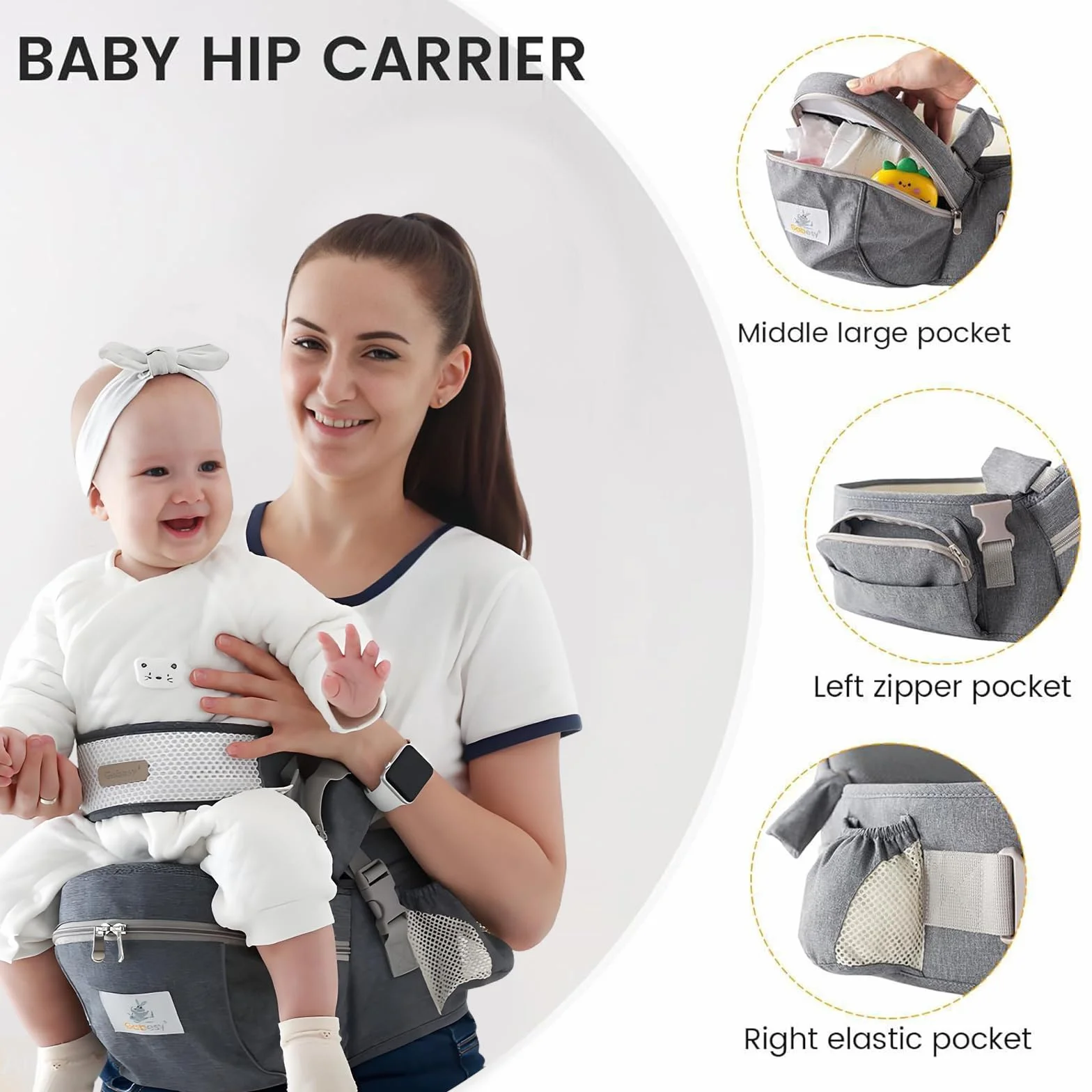 Asiento de cadera ergonómico 0-36 meses transpirable algodón gris oscuro