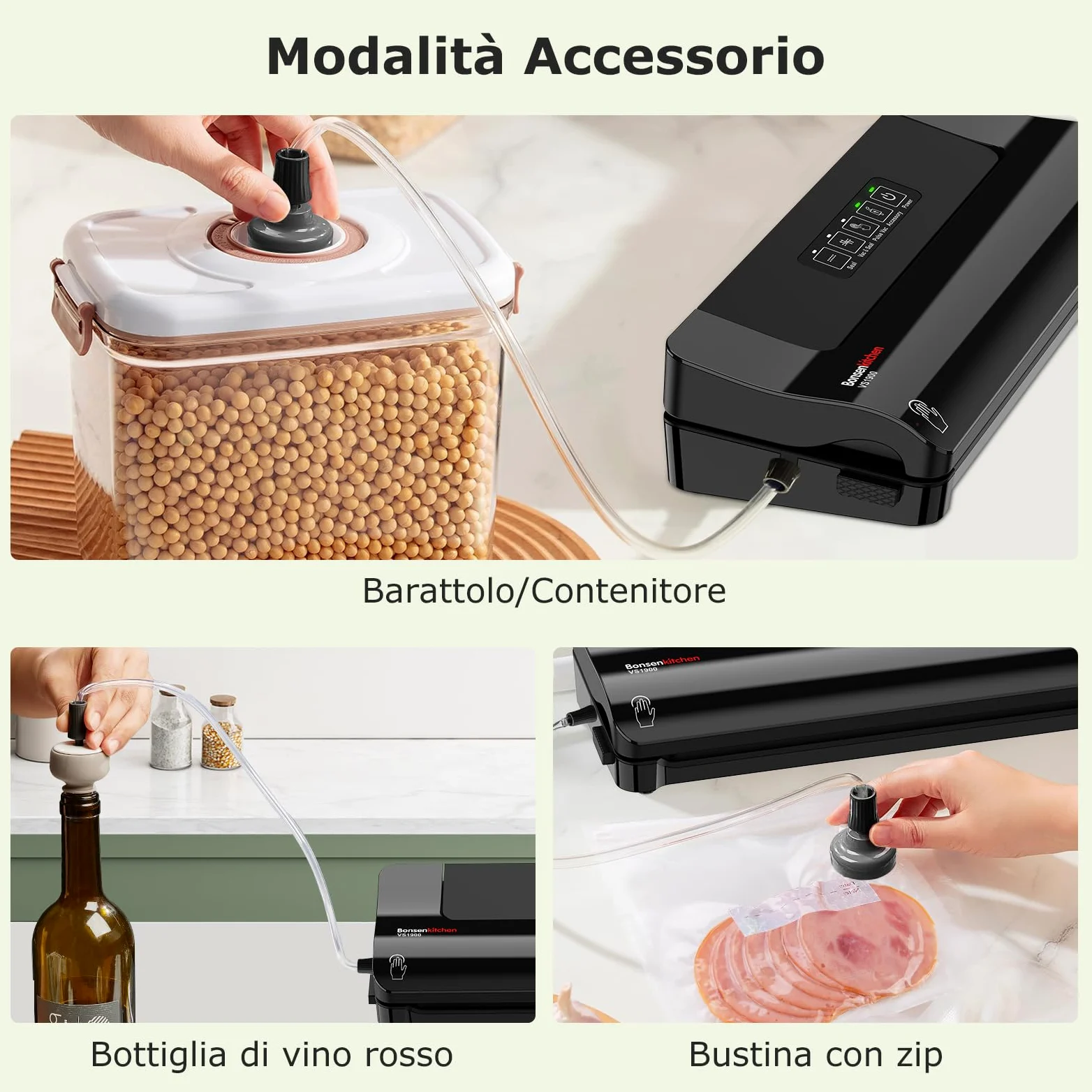 Bonsenkitchen Envasadora al Vacío, Máquina Envasadora al Vacio Domestica Rápida y Compacta, Alta Velocidad de Trabajo Continuo, incluye Bolsas de Vacío y Mangueras Accesorias