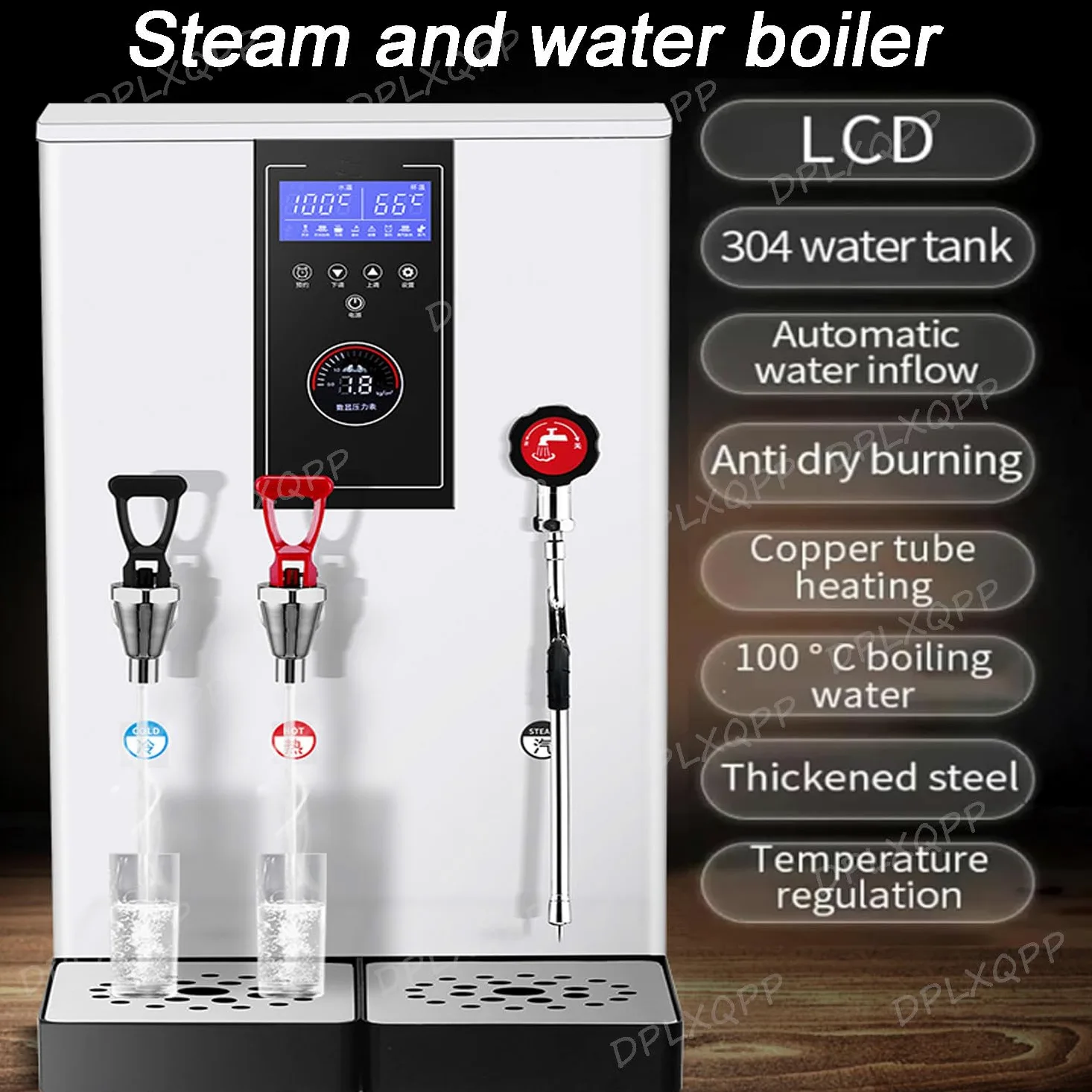 Espumador de leche comercial con sistema de caldera doble, alta potencia, gran capacidad, bandeja de goteo extraíble, boquilla giratoria para tiendas de café y bebidas