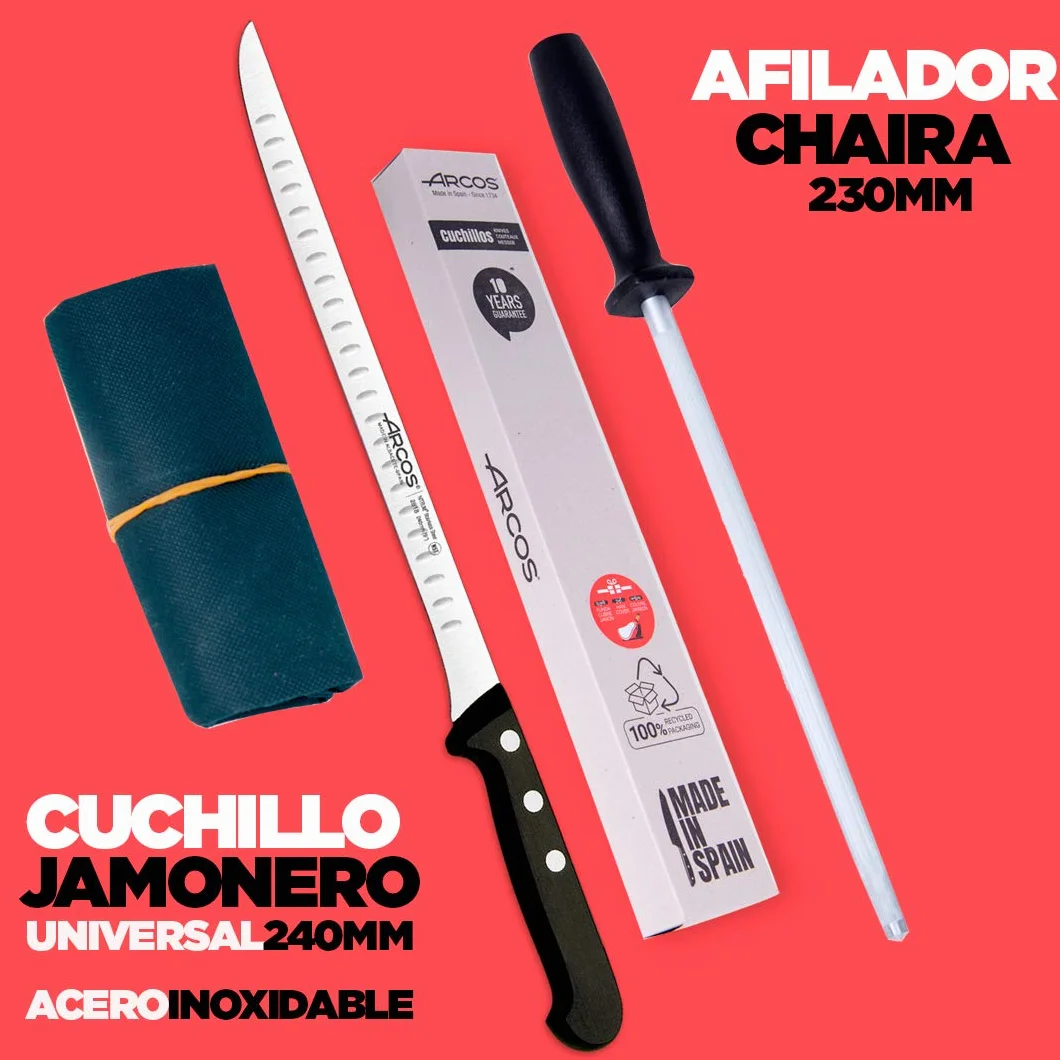Arcos | Juego Cuchillo Jamonero 3 Pzas | jamonero Acero Inoxidable (240 mm), afilador Chaira y Cubre jamón | Juego Cuchillos jamonero Profesional | Paleta ibérica | Eco