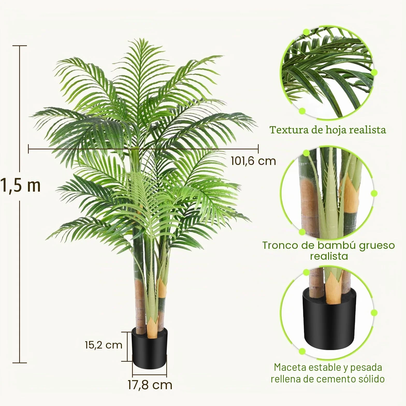Palmera Artificial Triple Dorado 150cm, Planta Artificial Exterior Grande, arbol Artificial Interior o Exterior Alta para Patio Junto a la Piscina Césped Oficina Salón Balcón Jardín (1Pack)
