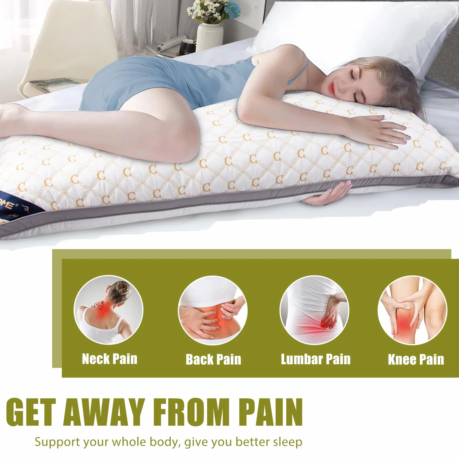 Chilling Home Almohadas de cuerpo completo para adultos con funda sedosa, almohada acolchada bordada, almohadas largas de embarazo para cama, almohada de maternidad grande para dormir (blanco y dorado