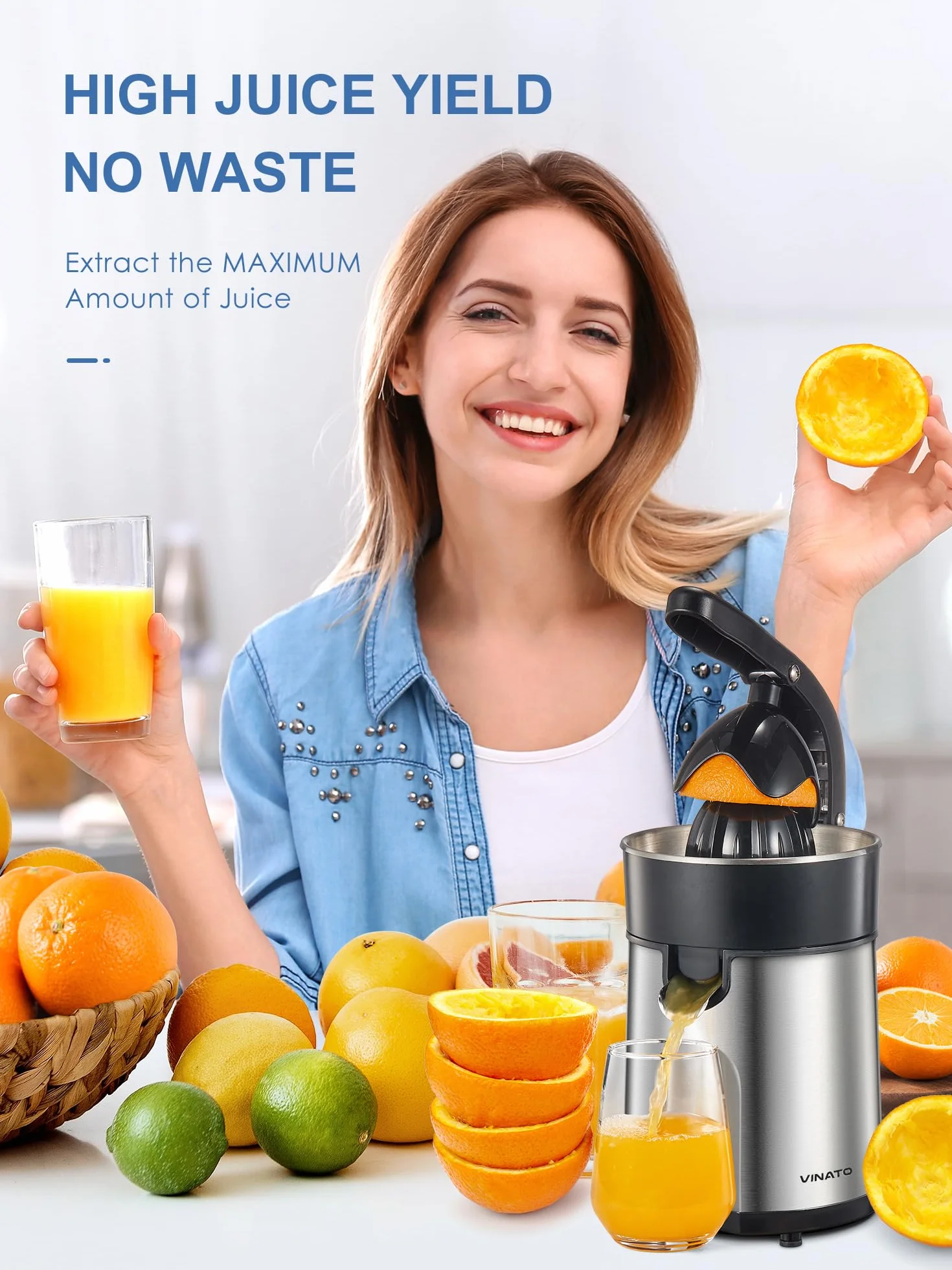 Vinato Exprimidor Eléctrico de Naranjas, 2 Conos para Todos los Cítricos, Cuerpo y Filtro de Acero Inoxidable Exprimidor Eléctrico Exprimidor Eléctrico, 85W