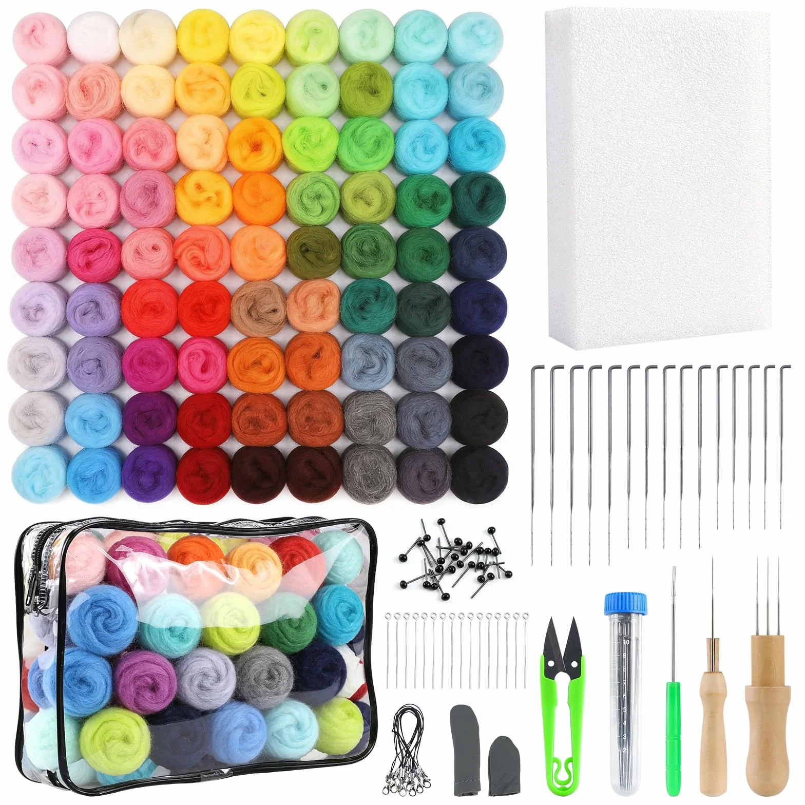 Kit de Lana para Fieltro 100 Colores, 300g Lana de Cuento para Fieltrado en Seco y Húmedo, Agujas de Fieltro, Herramientas y Tiras de Lana, Ideal para Manualidades DIY de Animales y Kits de Fieltro