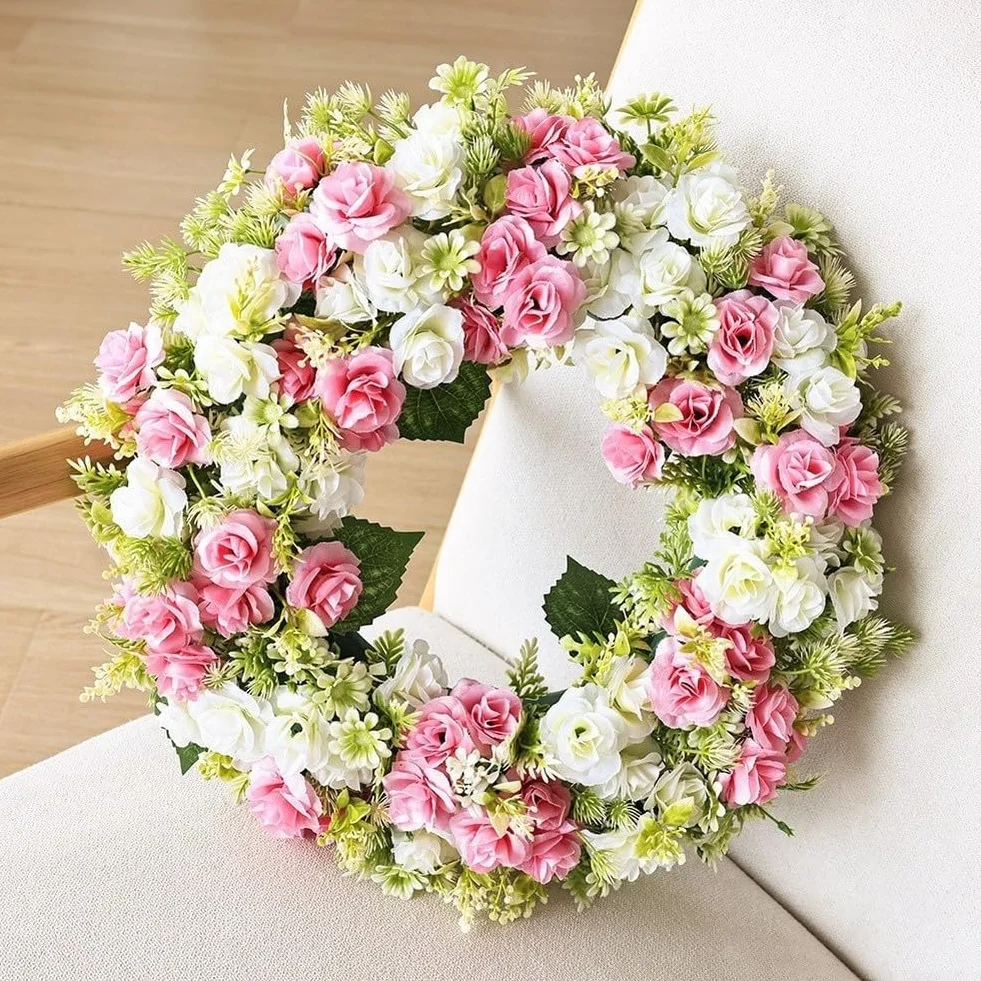 Corona de rosas con pétalos artificiales blancos y rosas para montaje en pared de puerta, primavera, verano, boda, interior y exterior (blanco)