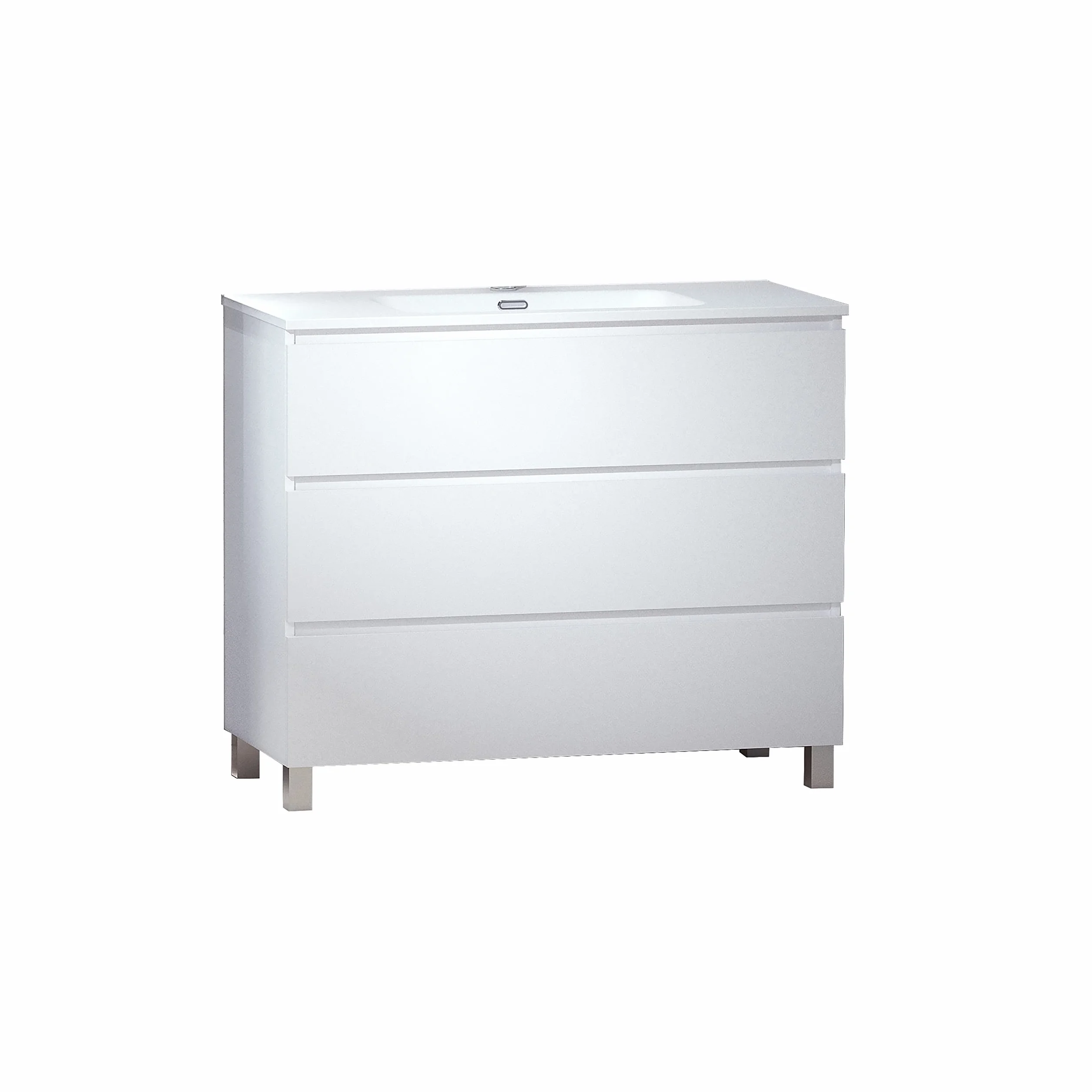 BAIKAL Conjunto de Mueble de Baño LESI. Compuesto por Mueble con Patas y Lavabo Cerámico. Tres Cajones. Melamina 16mm. Mueble MONTADO. Fondo 46cm 100 cm Blanco Mate