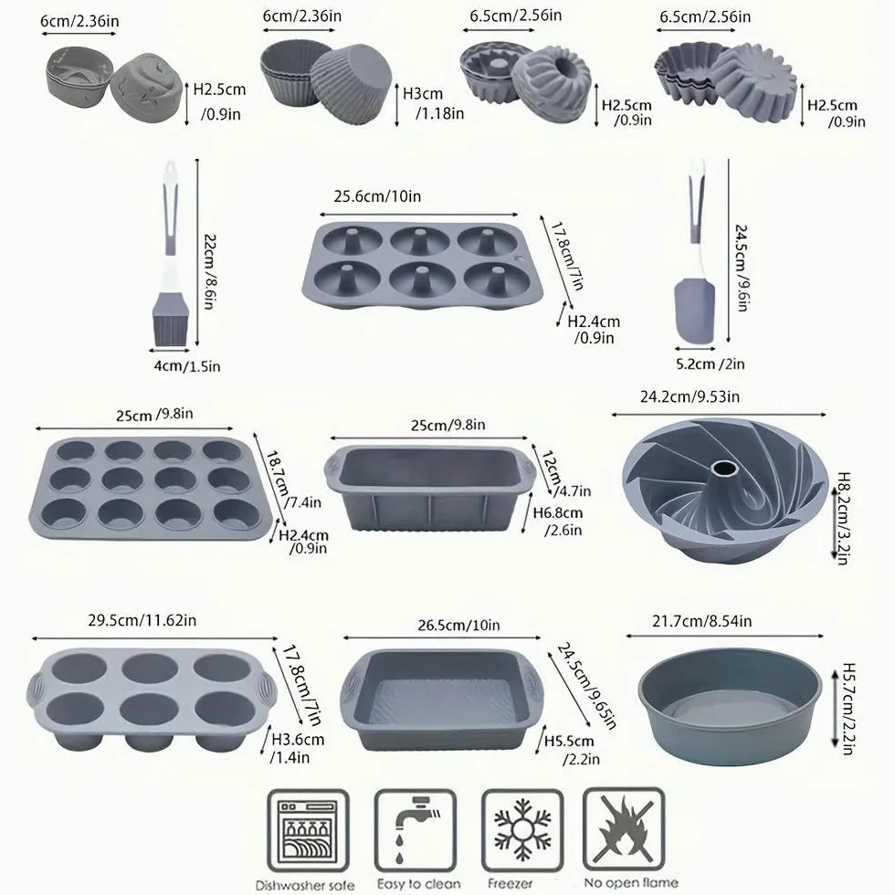 Juego de moldes para Hornear de Silicona de 33 Piezas NYSDM Incluye Bandeja Cuadrada, Molde para Pan, Molde para Pasteles Redondos Savarin, Bandeja para Muffins, Herramientas de Color nórdico