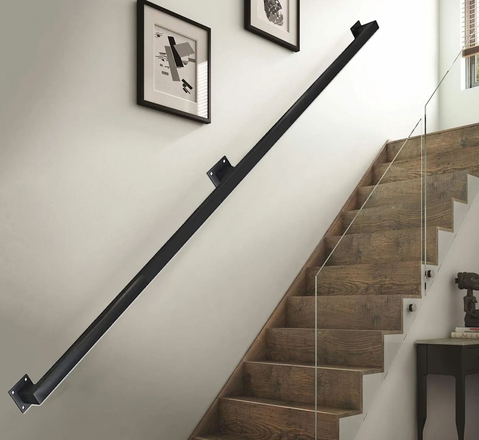 Pasamanos de metal con recubrimiento en polvo negro para escaleras interiores y exteriores, antideslizante, alta resistencia, montaje en pared, pasamanos de escalera (20 pies)