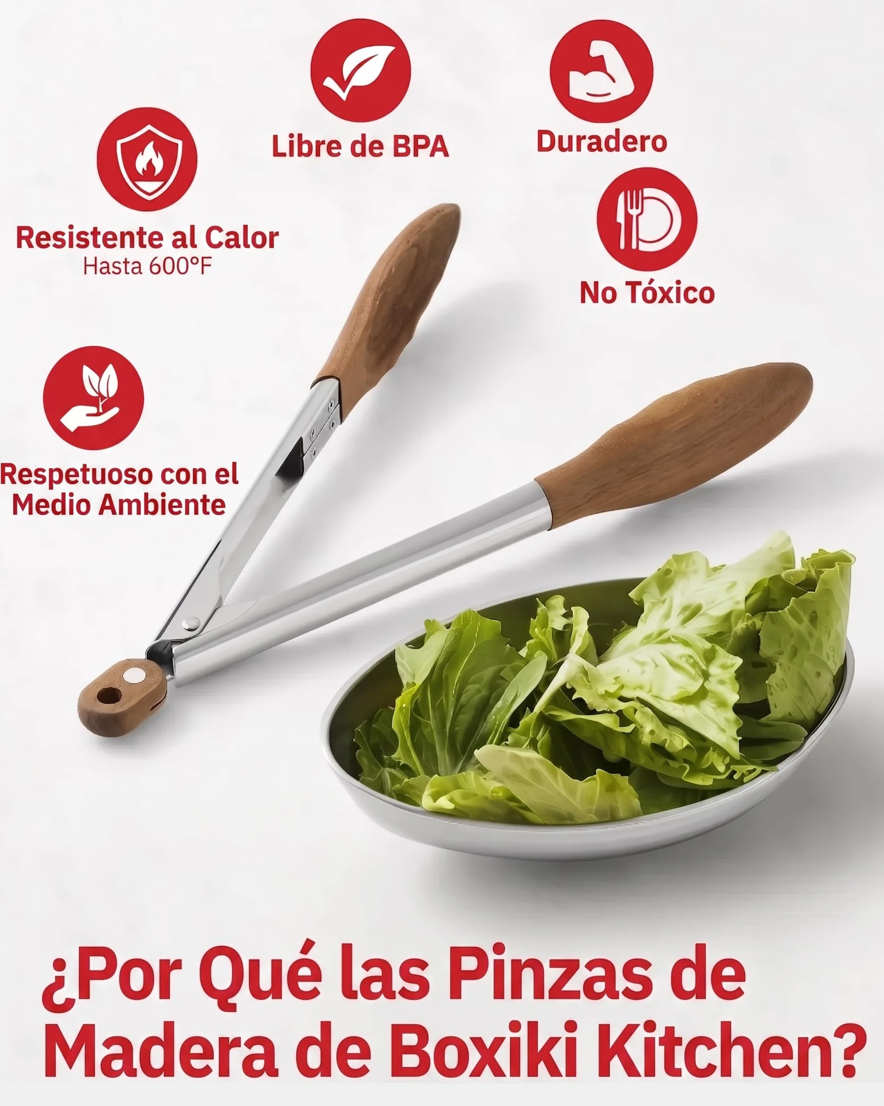 Boxiki Kitchen Pinzas de Cocina Profesionales Acero Inoxidable 30cm con Puntas de Madera de Nogal Natural