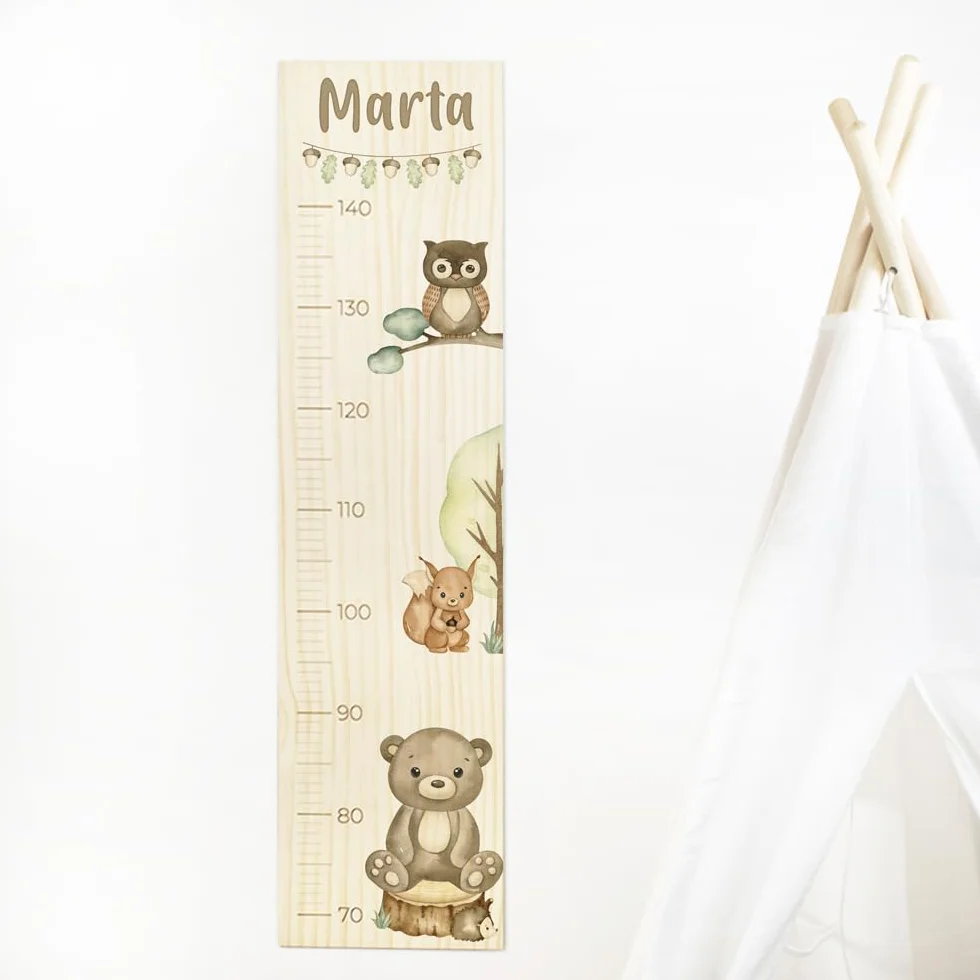 Medidor de Altura Infantil de Madera Personalizado con Nombre – Decoración habitación Infantil en Pino Natural – Regalo Original para Niños