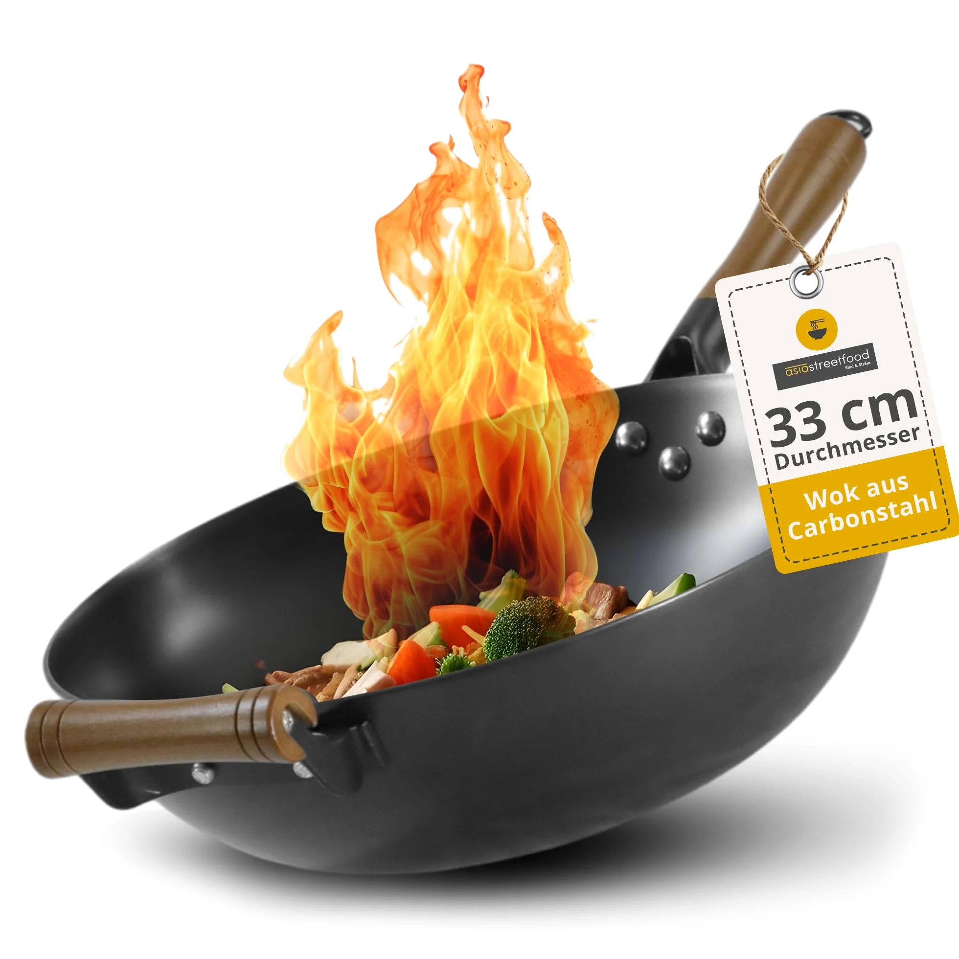 El wok perfecto de 33 cm de diámetro, acero al carbono, mango de madera | Sin quemar, base plana para gas, inducción y vitrocerámica, para platos asiáticos