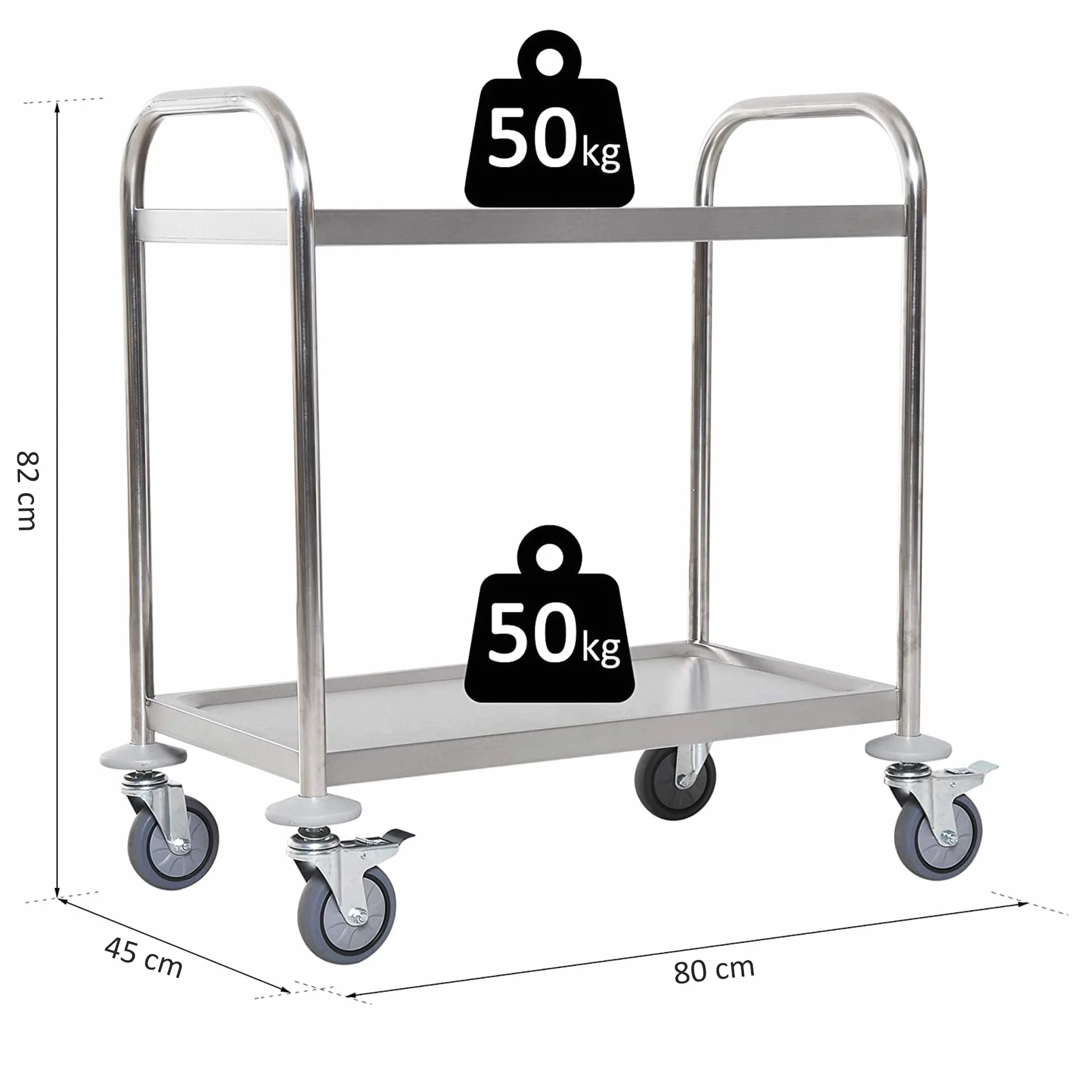 HOMCOM Carrito Auxiliar con Ruedas de Acero Inoxidable 80x45x82 cm Carrito de Cocina con Bandejas y 2 Brazos Carga 100 kg para Comedor Hotel Salón de Belleza Plata