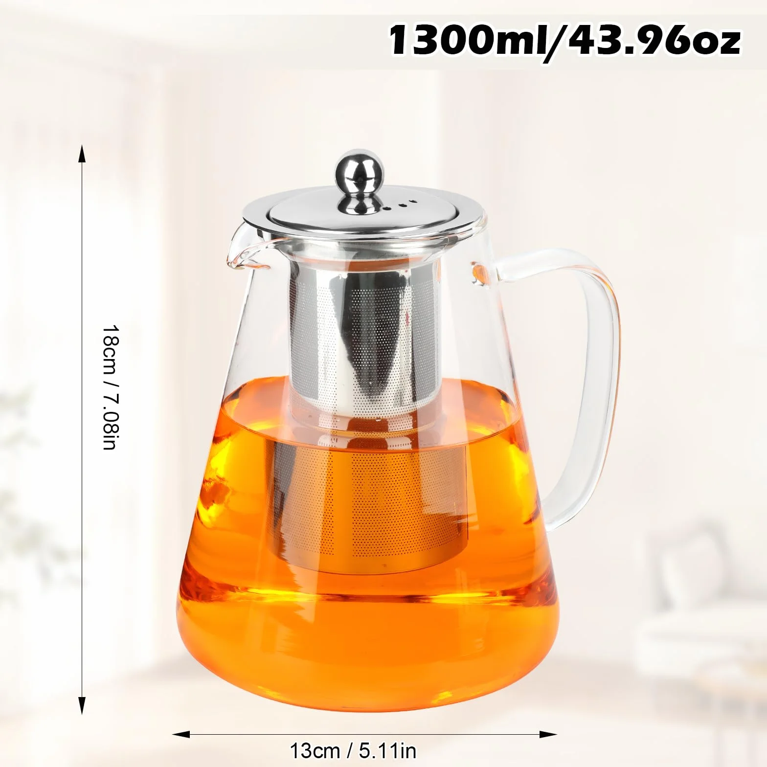 MXTIMWAN Tetera de vidrio de 1,3 litros, resistente al calor, transparente con colador extraíble, para bebidas frías y calientes.