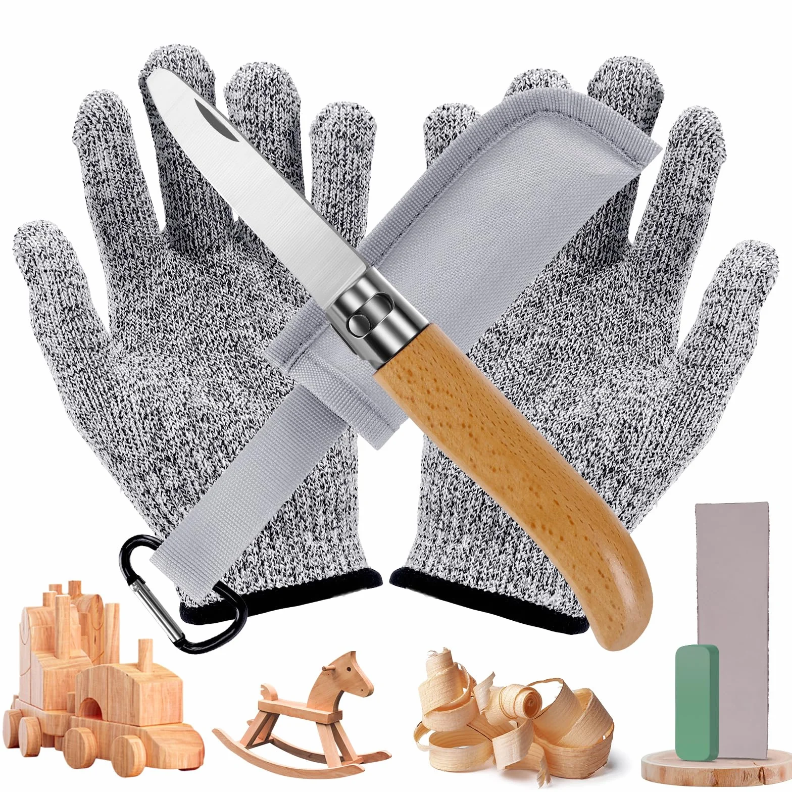 Cuchillo de tallado para niños con mango de madera plegable y guantes