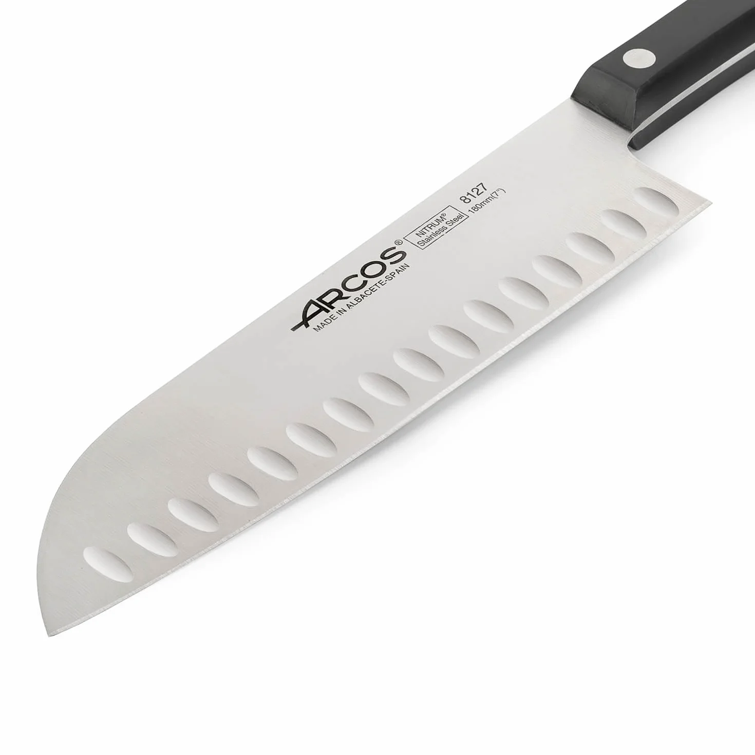 Arcos Cuchillo Santoku Acero Inoxidable Nitrum 180 mm - Hoja Resistente y Duradera, Mango Ergonómico POM Negro, Ideal para Cocina Diaria, Corte Preciso y Seguro
