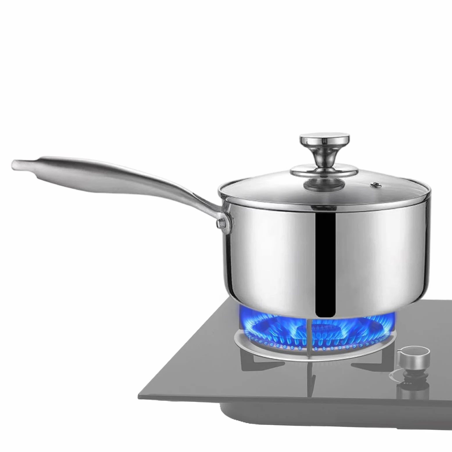 Cazo Para Salsas Cacerola de Cocina Fabricada en Acero Inoxidable con Mango | Cazo Pequeño Con Tapa Incluida para Exterior, Jardín, Camping, Picnic, Restaurante, Cocina y H