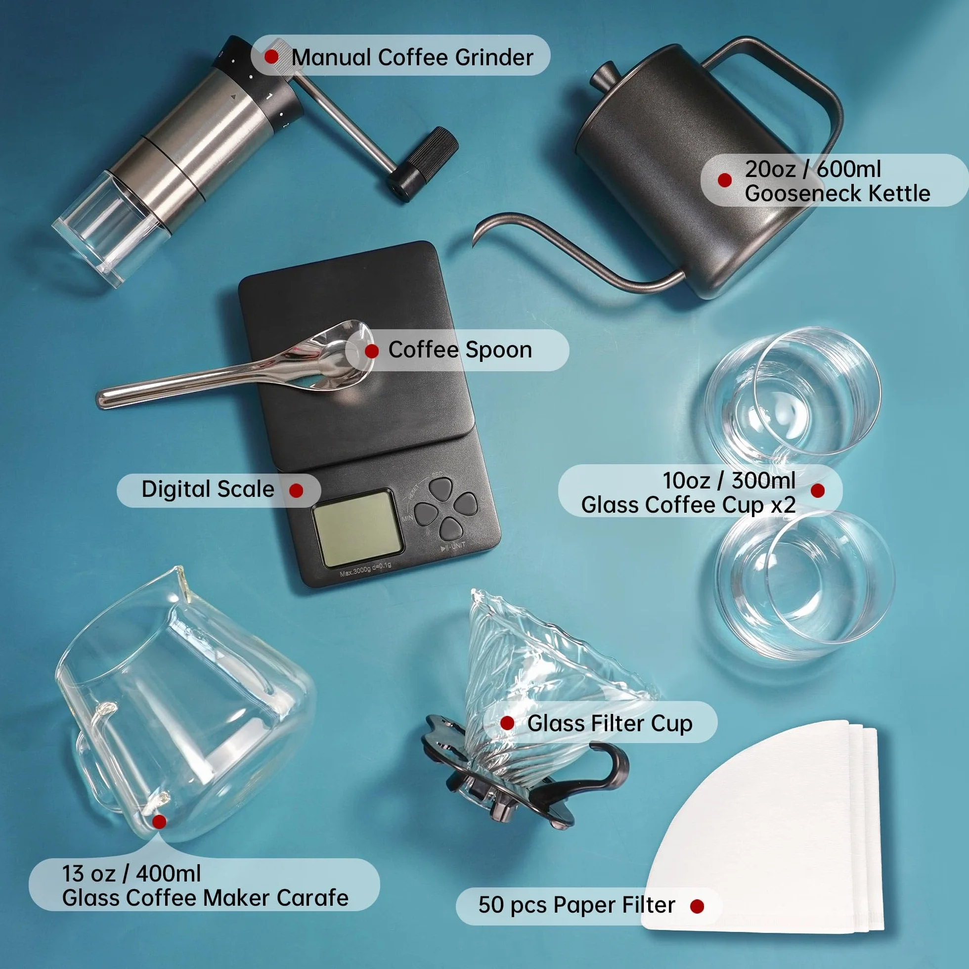 SuperCook Juego de café de goteo manual todo en uno, incluye hervidor de cuello de cisne, gotero de vidrio V60, filtro de papel, tazas de café, molinillo manual, escala de café, ideal para regalo de