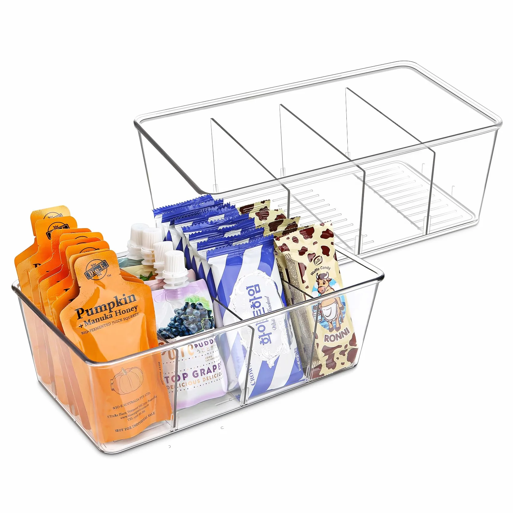 Batoto Contenedores de organización y almacenamiento de despensa, contenedores organizadores de refrigerador, transparentes, organización y almacenamiento de cocina con separadores (paquete de 2)