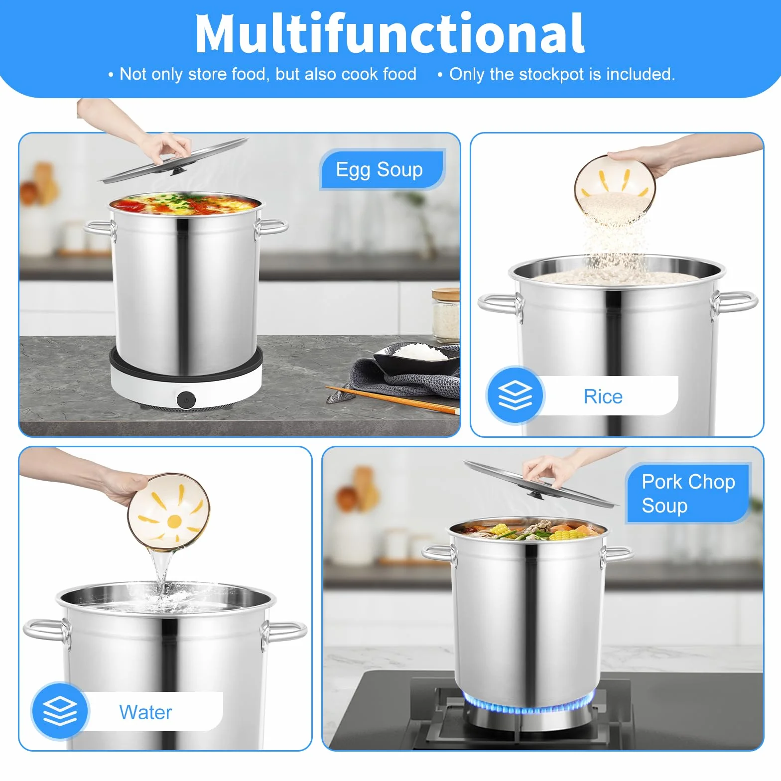 Olla grande de 35 litros, de acero inoxidable, con asas y tapa, apta para todos los tipos de cocina