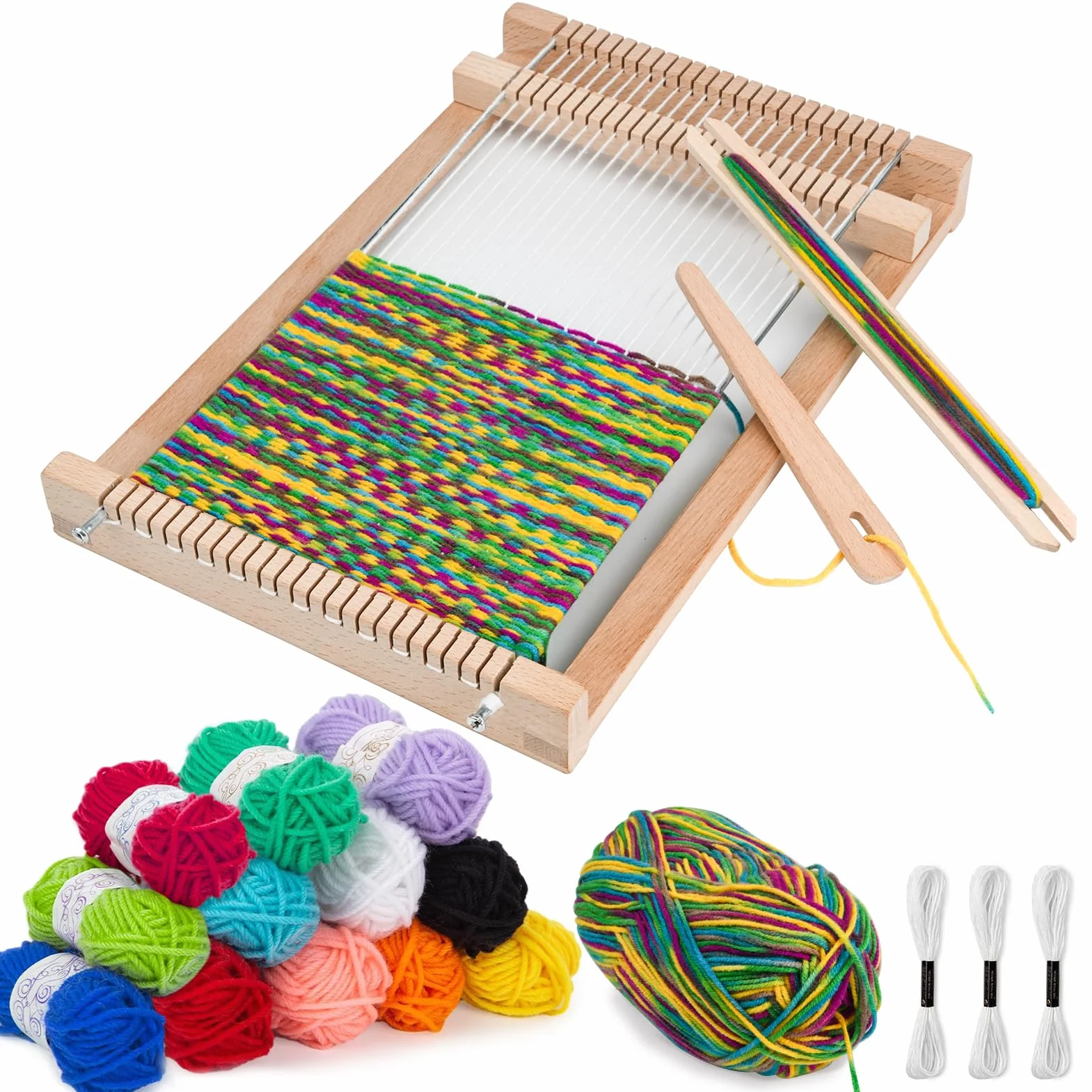 LYKTRIX Marco de Telaio de Tejer para Niños, Kit de Tela de Tejer de Madera, Incluidos Hilos, Peine, Lanzadera y Lana para Principiantes y Niños - 29 x 19 cm