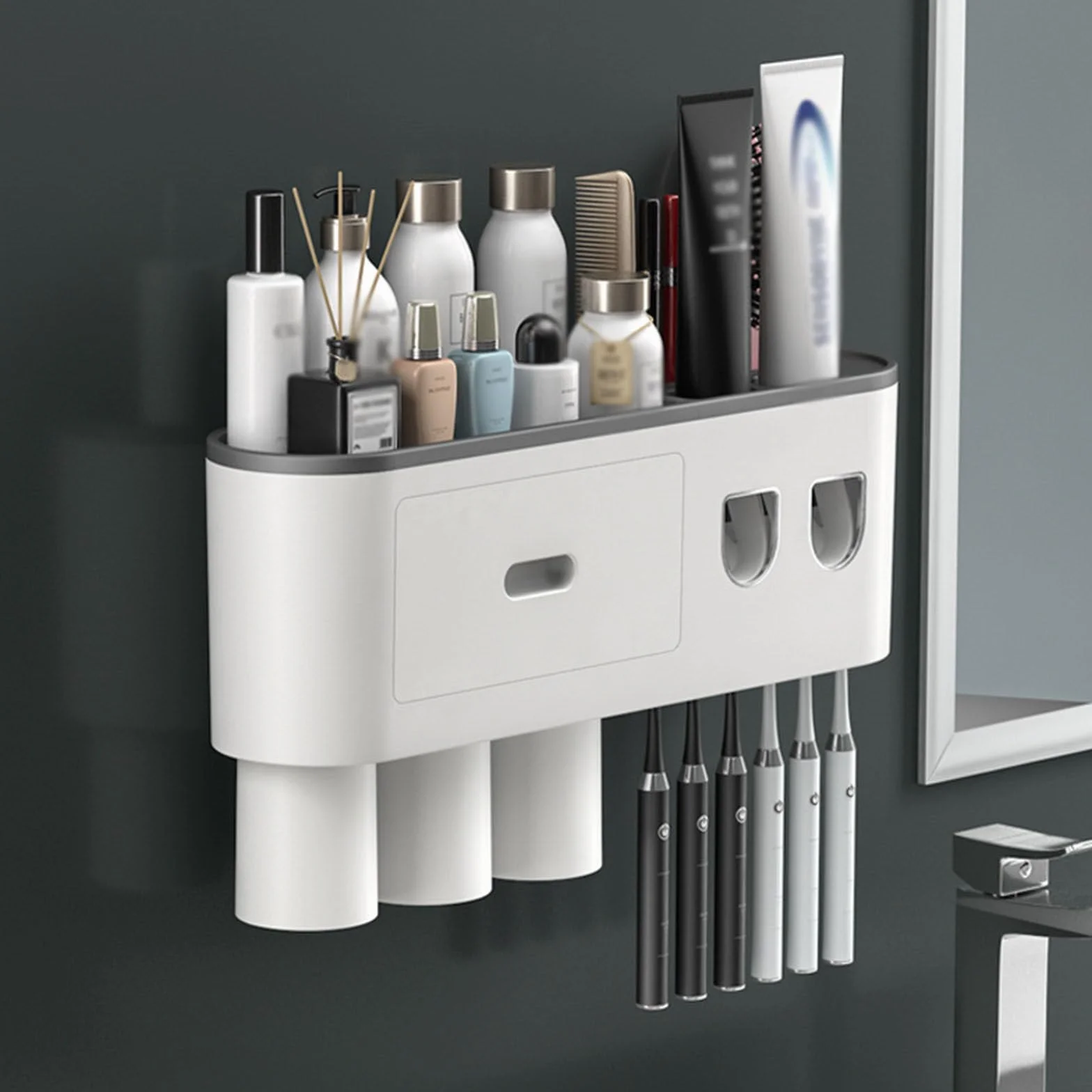 Soporte para Cepillo De Dientes De BañO con Dispensador AutomáTico Doble De Pasta De Dientes, Soporte para Cepillo De Dientes Montado En La Pared para 2/3/4/5 Tazas, 6 Ranuras para Cepillos,3cups